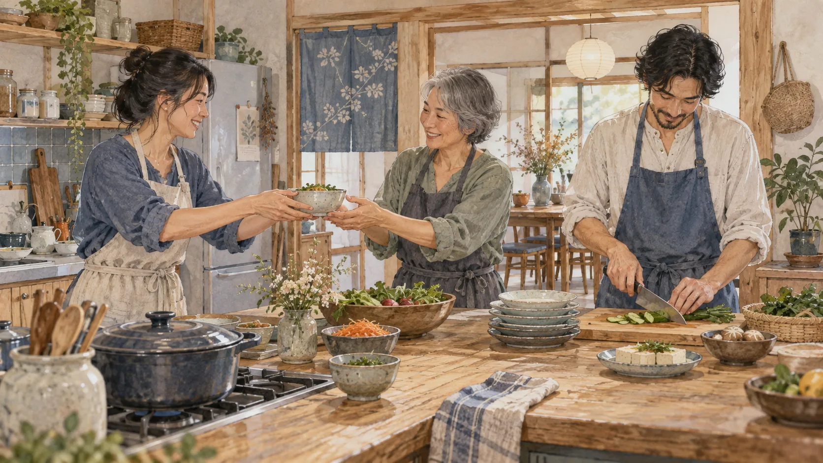 台所で料理を分担し、器を手渡す三人の大人