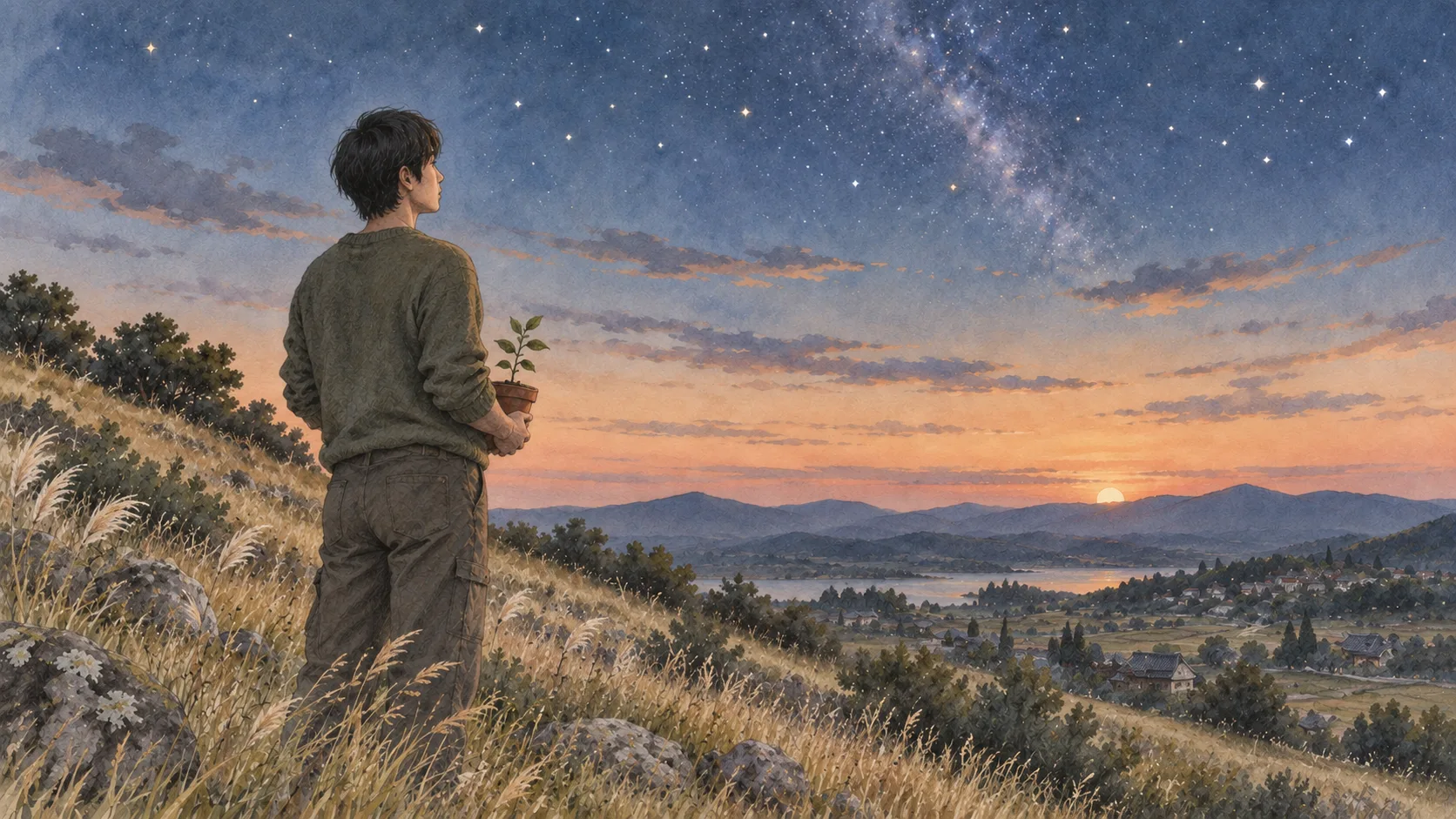 星空を見上げる匿名の人物が、丘の上で小さな苗を両手に持つ後ろ姿