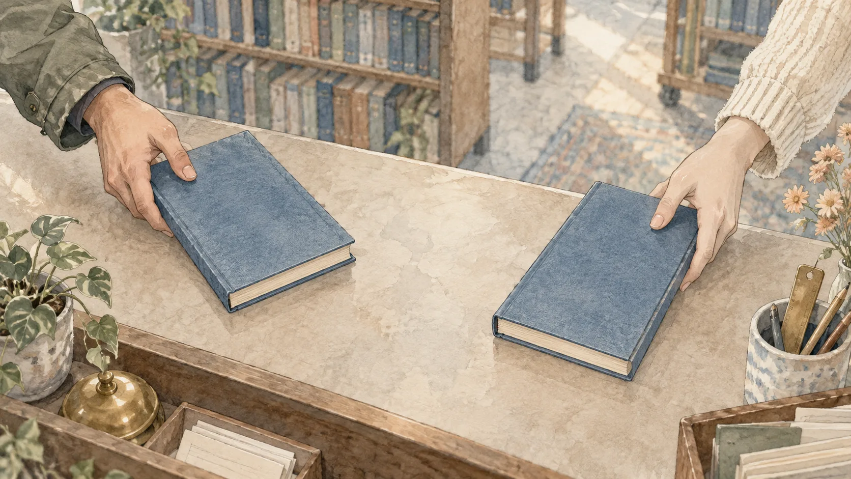図書館のカウンターへ二人が同じ青い本を差し出す手元