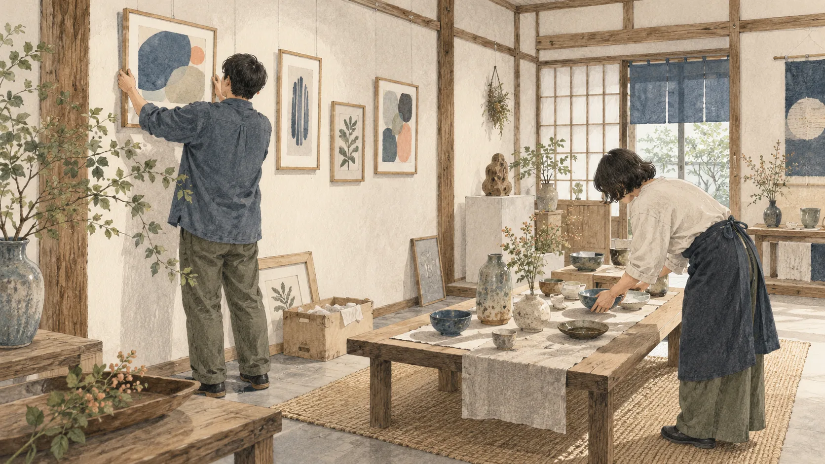 小さな展示室で額を掛ける人と陶器を並べる人