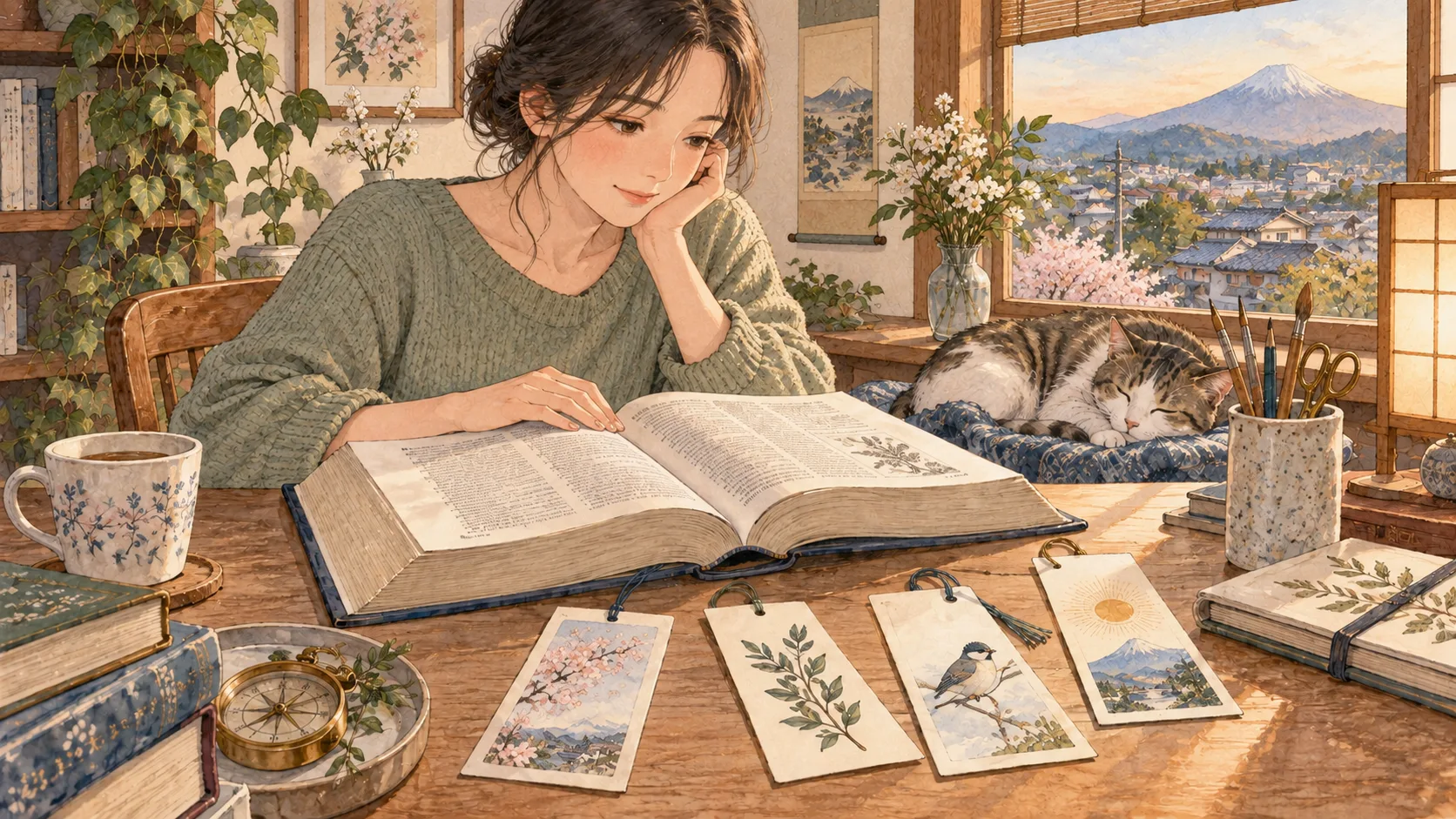 開いた辞典を読む人と、桜や植物、鳥の絵があるしおりを並べた机