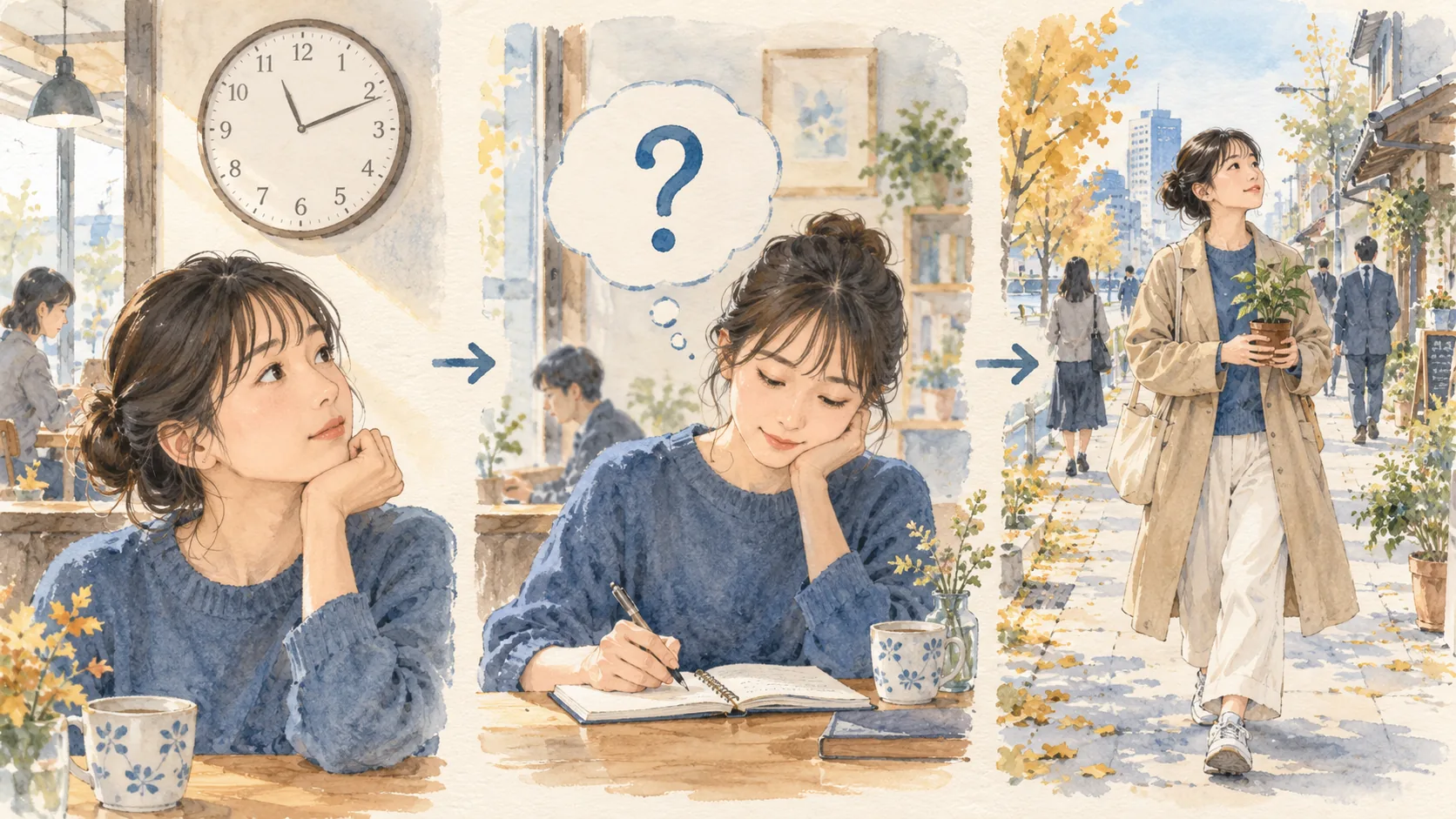 時計に目を留め、ノートに問いを書き、鉢植えを持って歩く三つの場面