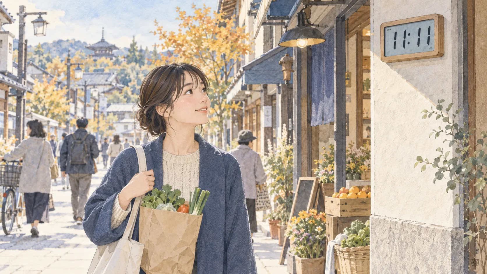 買い物の途中で、11時11分を示す街の時計に目を留める女性