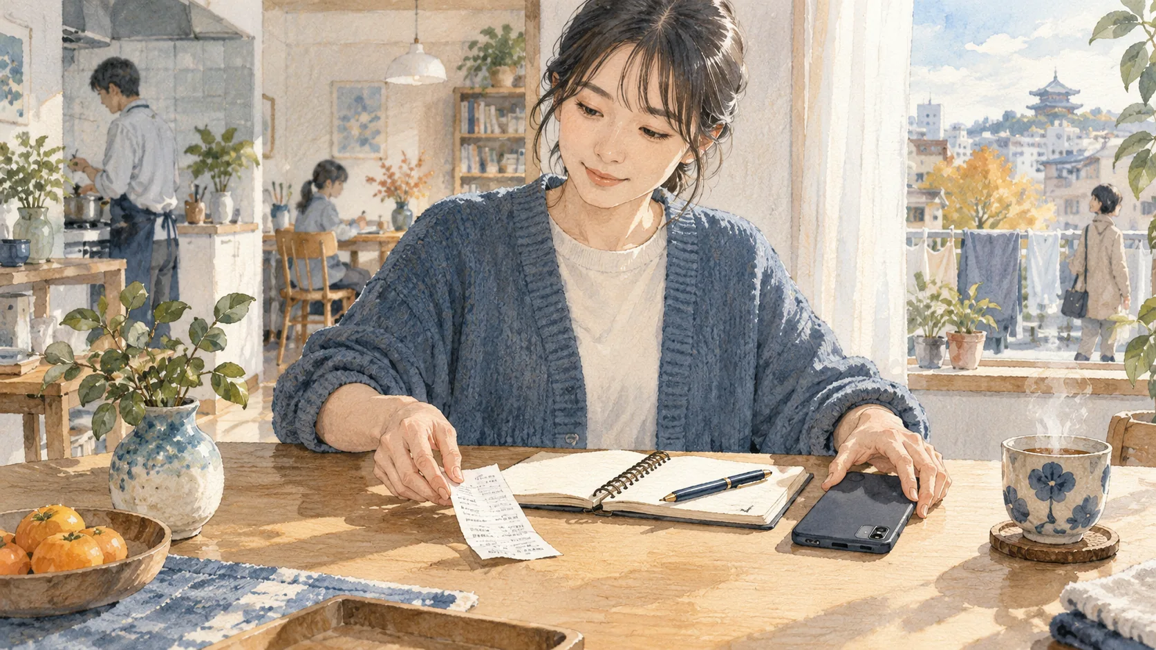レシートと開いたノートを前に、スマートフォンを伏せて置く女性