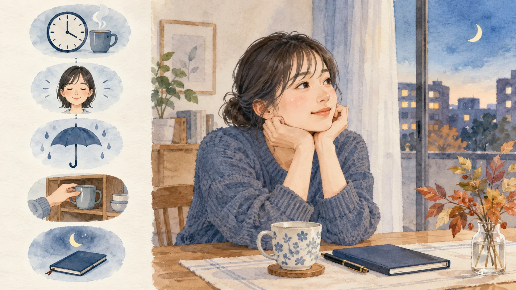 窓辺の女性と、時計、表情、傘、カップをしまう手、閉じたノートの五つの絵