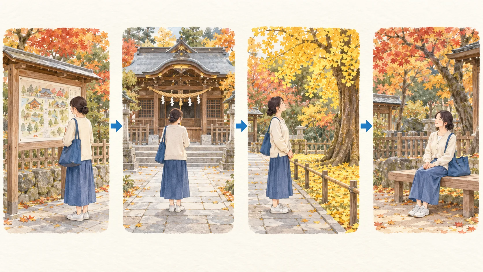 案内を読み、参拝し、石畳から柵越しに木を眺め、ベンチで休む四つの場面