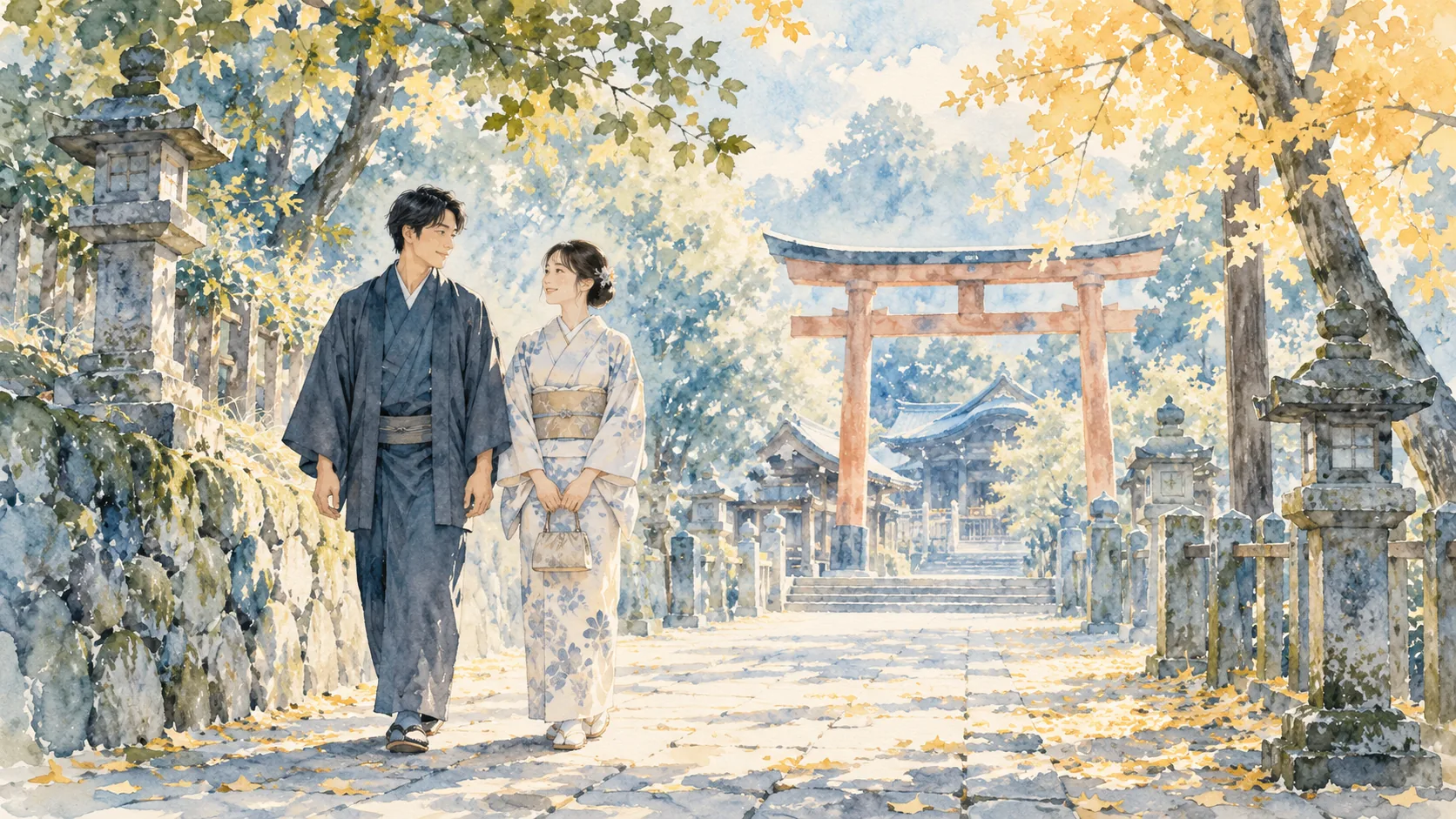 緑と黄色の葉が混じる秋の参道を、並んで歩く和装の二人