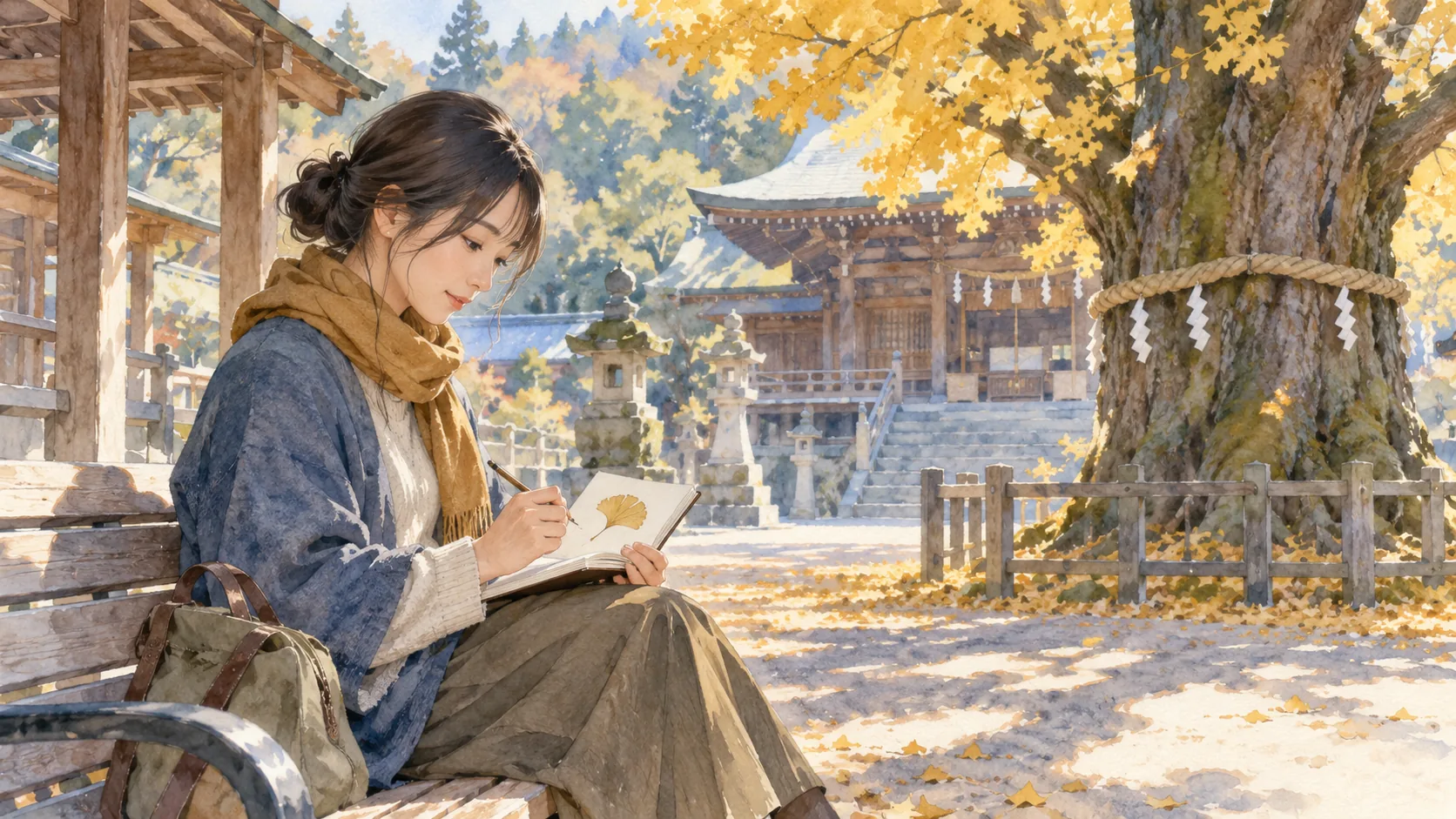 境内のベンチに座り、小さなノートへイチョウの葉の形を描く女性