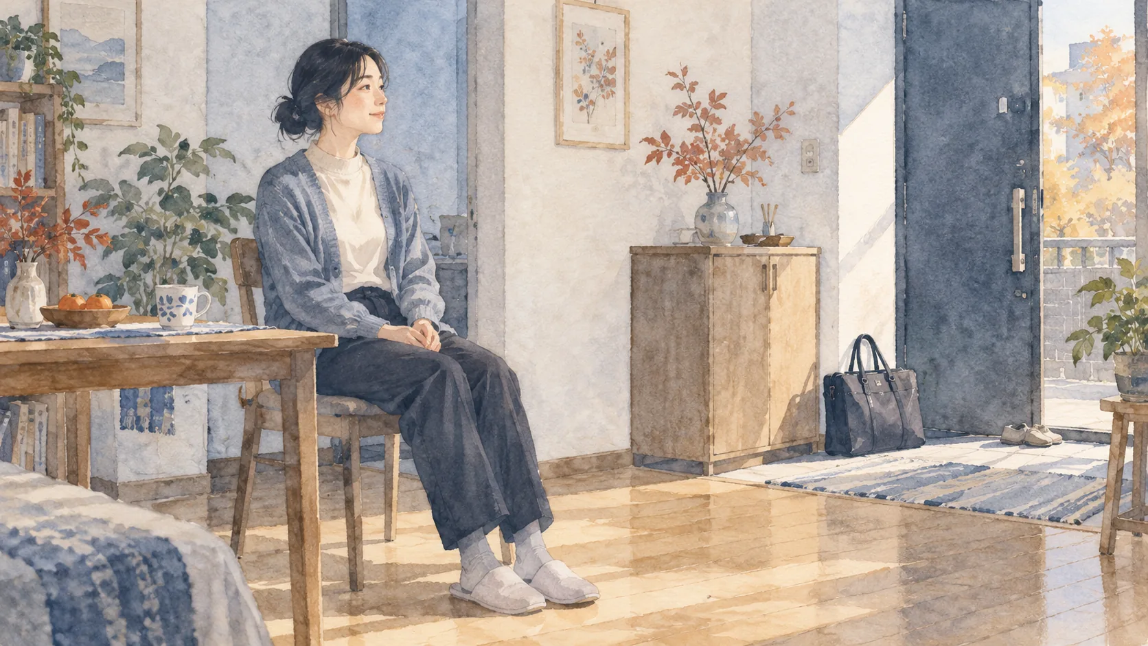 朝の玄関近くで、両足を床につけて椅子に座る女性