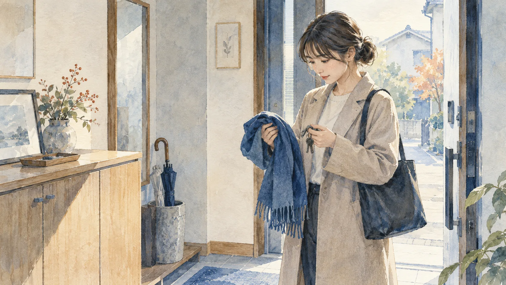 玄関で青いストールと鍵を手に取り、出かける支度をする女性