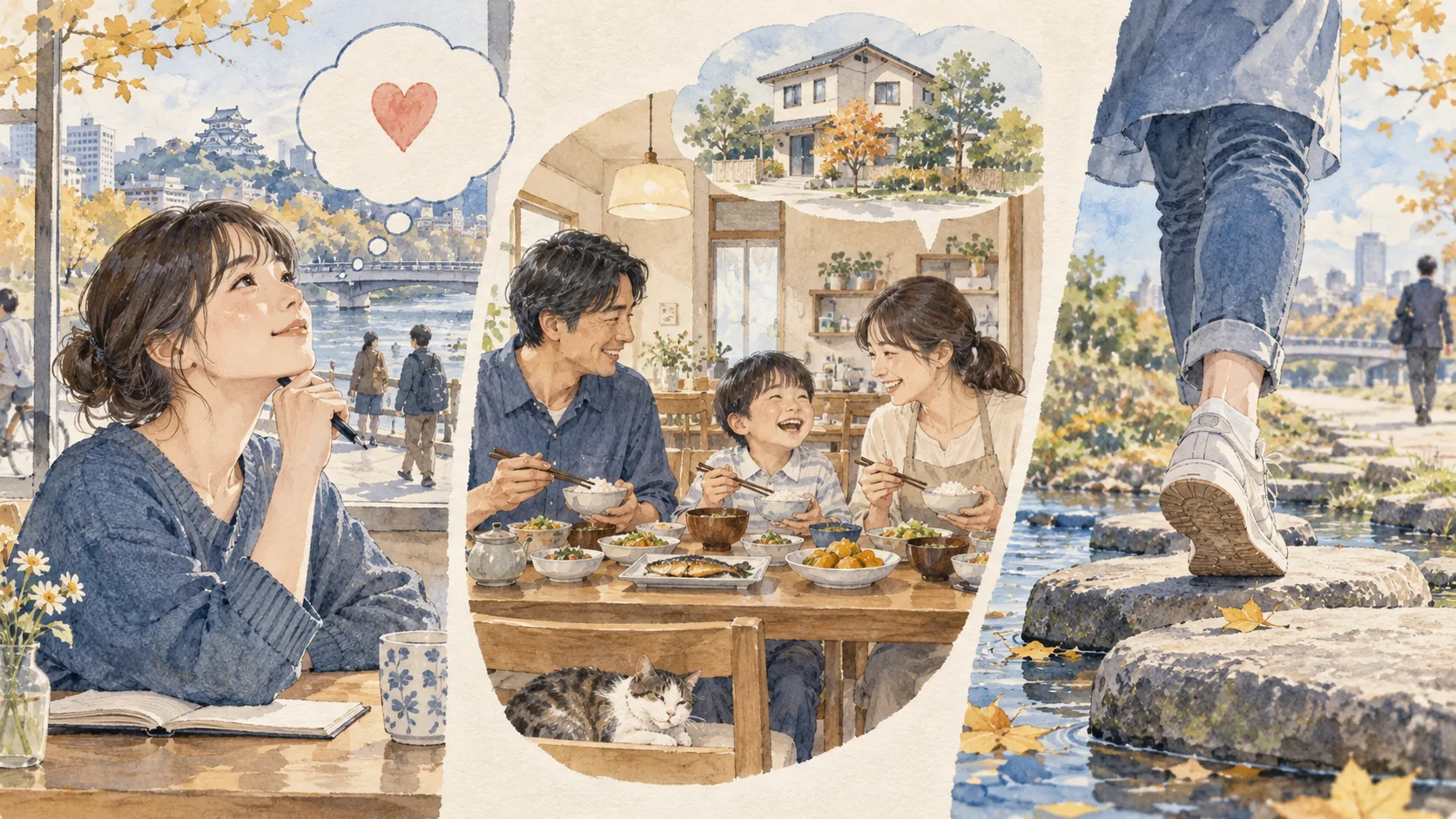 欲しいものを考える姿、家族の食卓、石の上へ踏み出す足元を並べた図