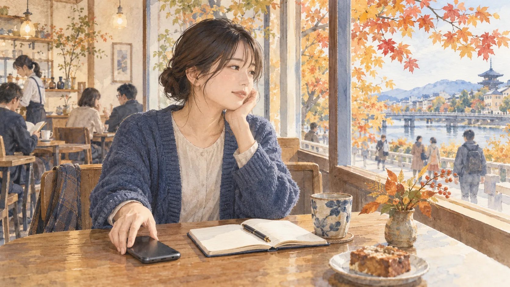 スマートフォンと開いたノートを前に、カフェの窓の外を見る女性