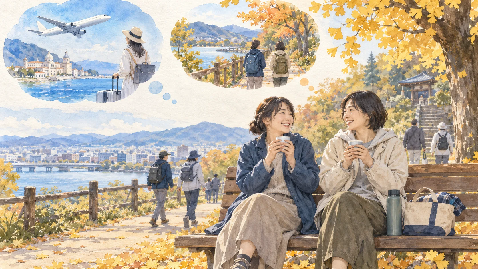 遠くへの旅や散歩を思い浮かべながら、秋の公園で飲み物を手に話す二人