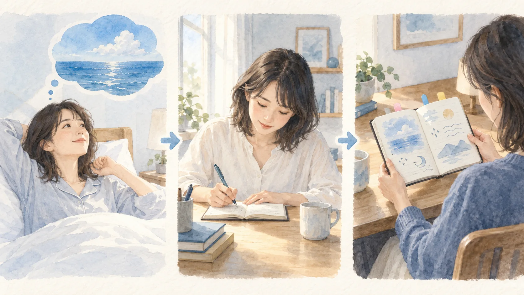 目覚めて夢を思い出し、ノートに書き、あとからページを読み返す三つの場面