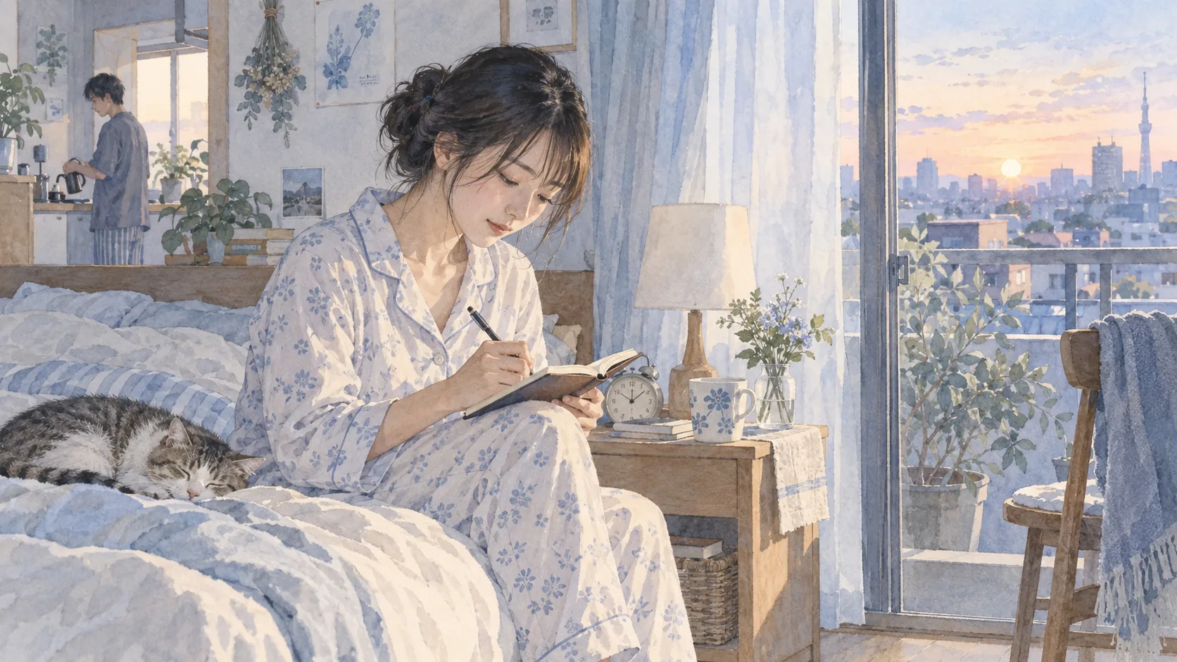 朝の光が入る寝室で、ベッドに座って小さなノートへ書き留める女性