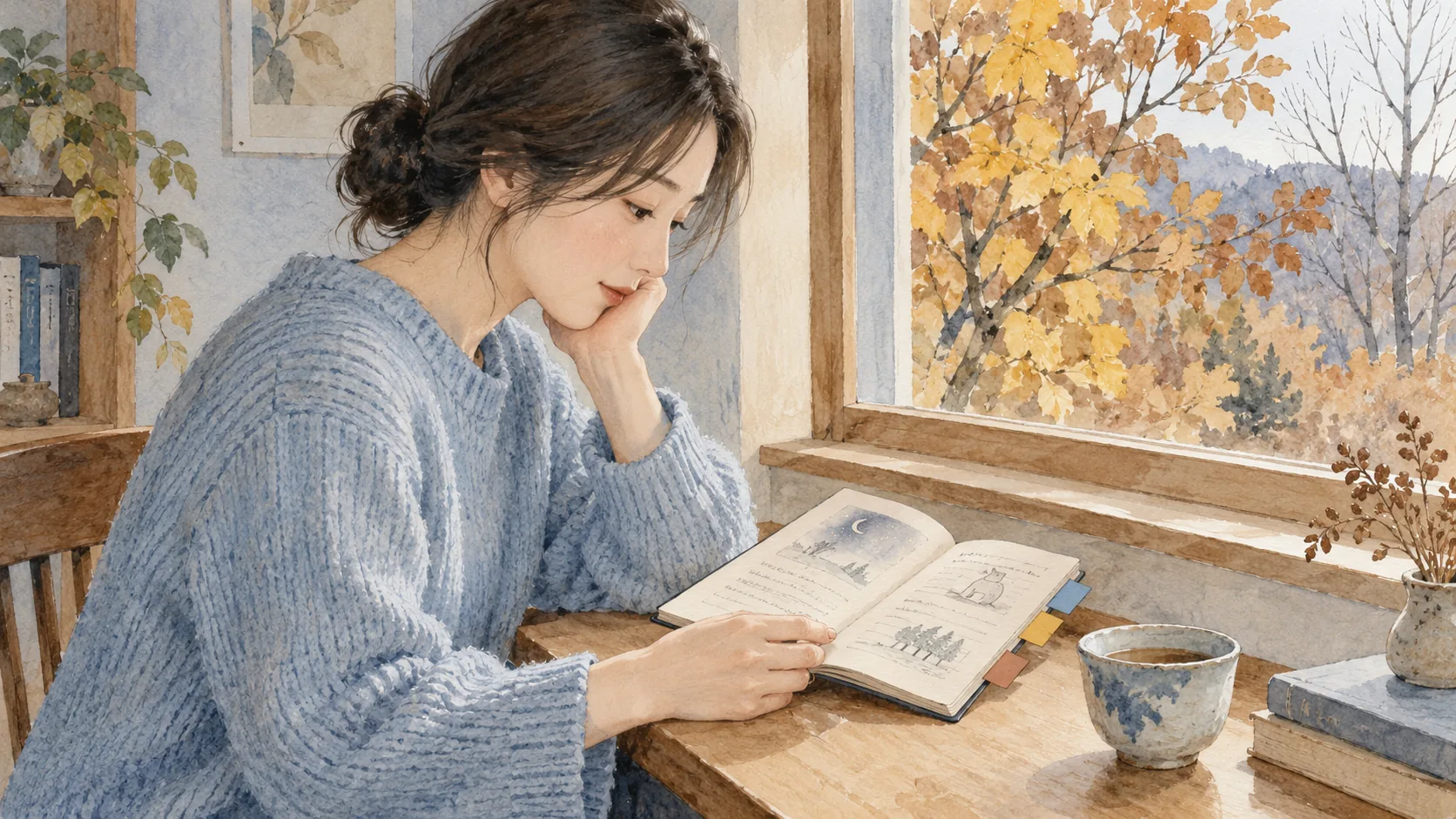 黄葉の見える窓辺で、しおりを挟んだ夢日記を読み返す女性