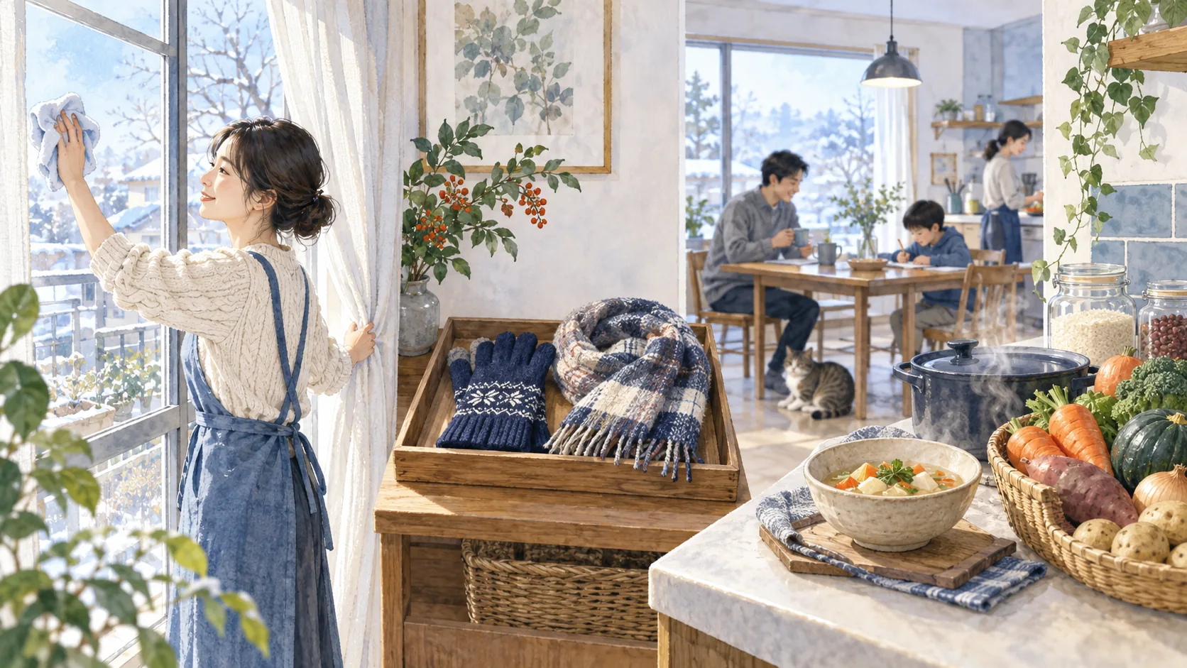 窓を拭く場面、手袋とマフラーの置き場、野菜と温かい料理を並べた図