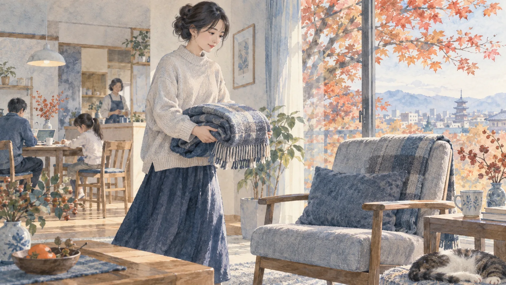 紅葉の見える窓辺の椅子へ、畳んだひざ掛けを運ぶ女性