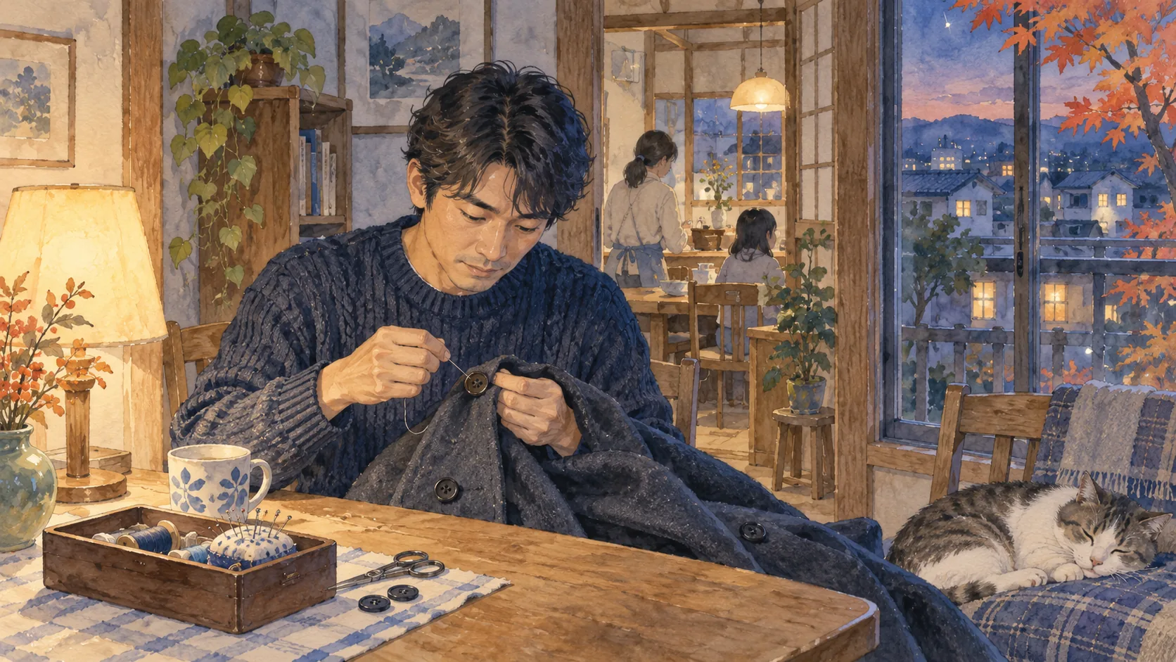 秋の夕暮れ、手元の明かりの下でコートのボタンを縫う男性
