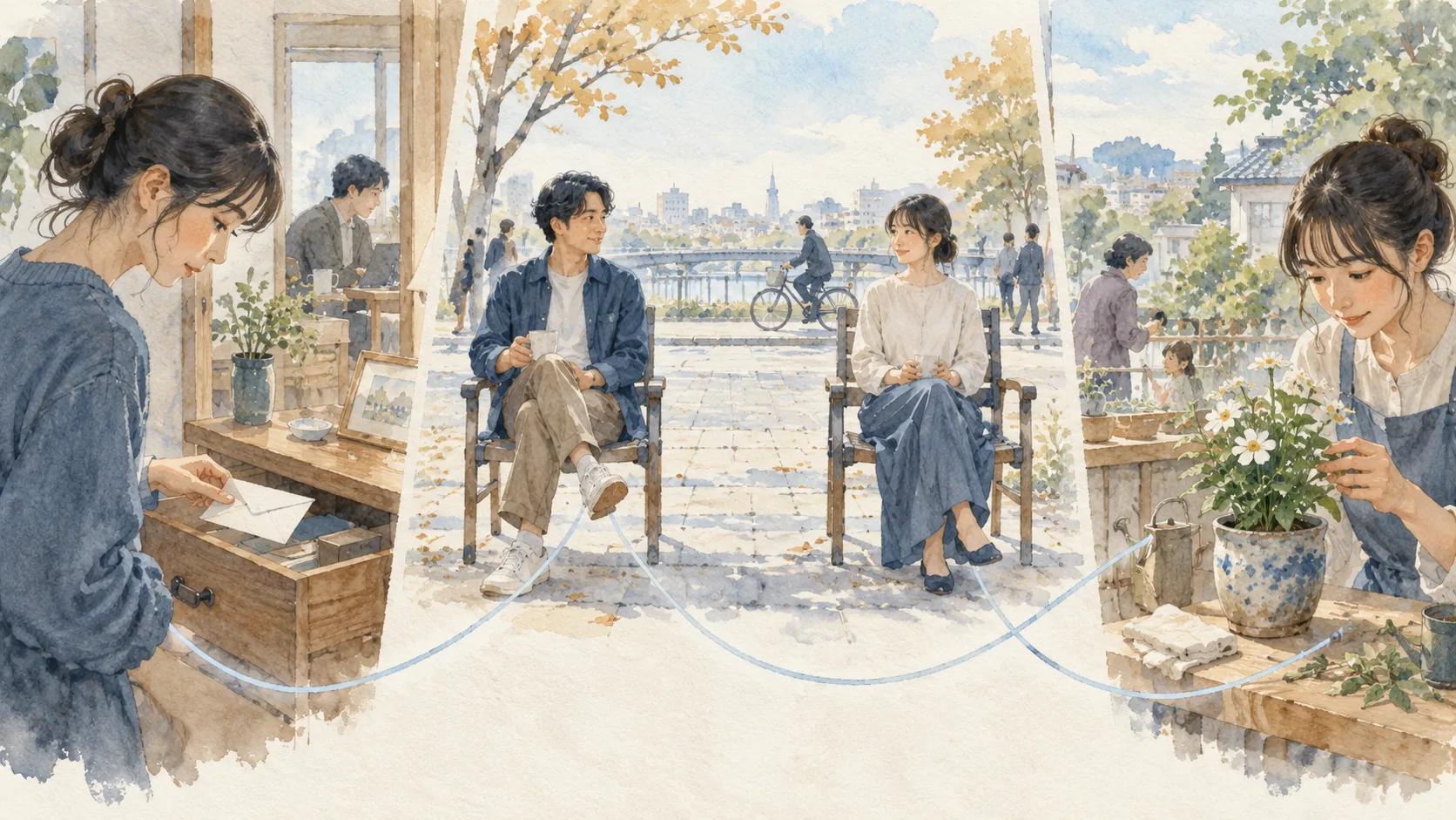 手紙をしまう、距離をあけて話す、花を手入れする三つの場面