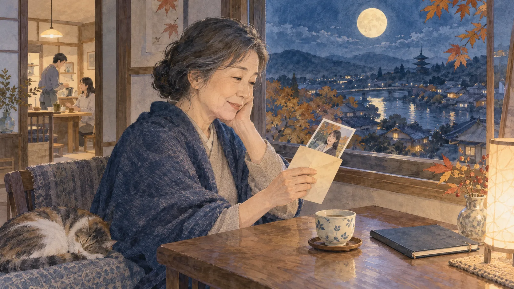 満月の見える窓辺で、封筒に入れた写真を眺める年配の女性