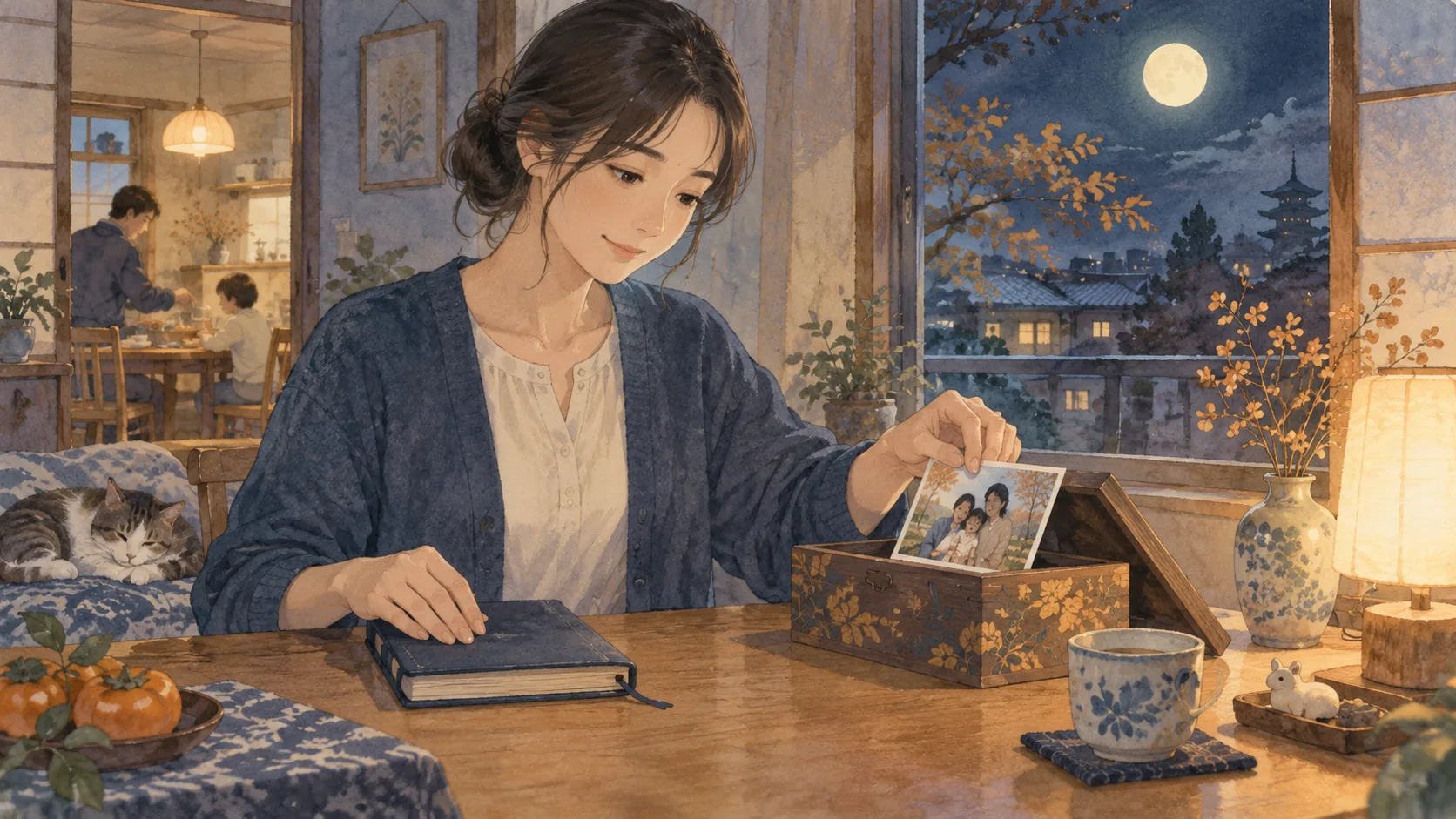 満月の夜、閉じたノートの隣で、写真を木の箱に収める女性
