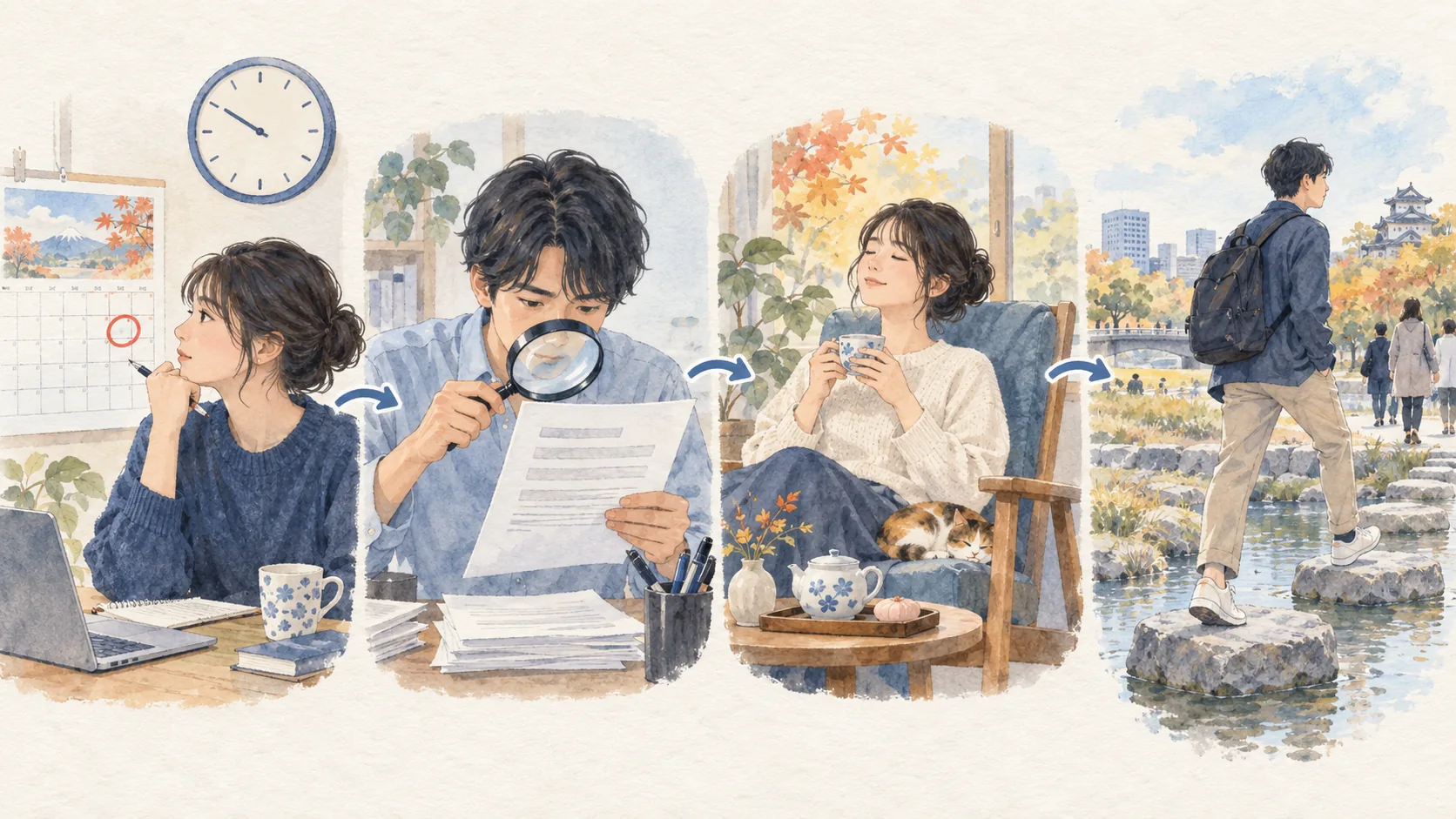 予定を確かめる、資料を読む、ひと息つく、小さく踏み出す四つの場面