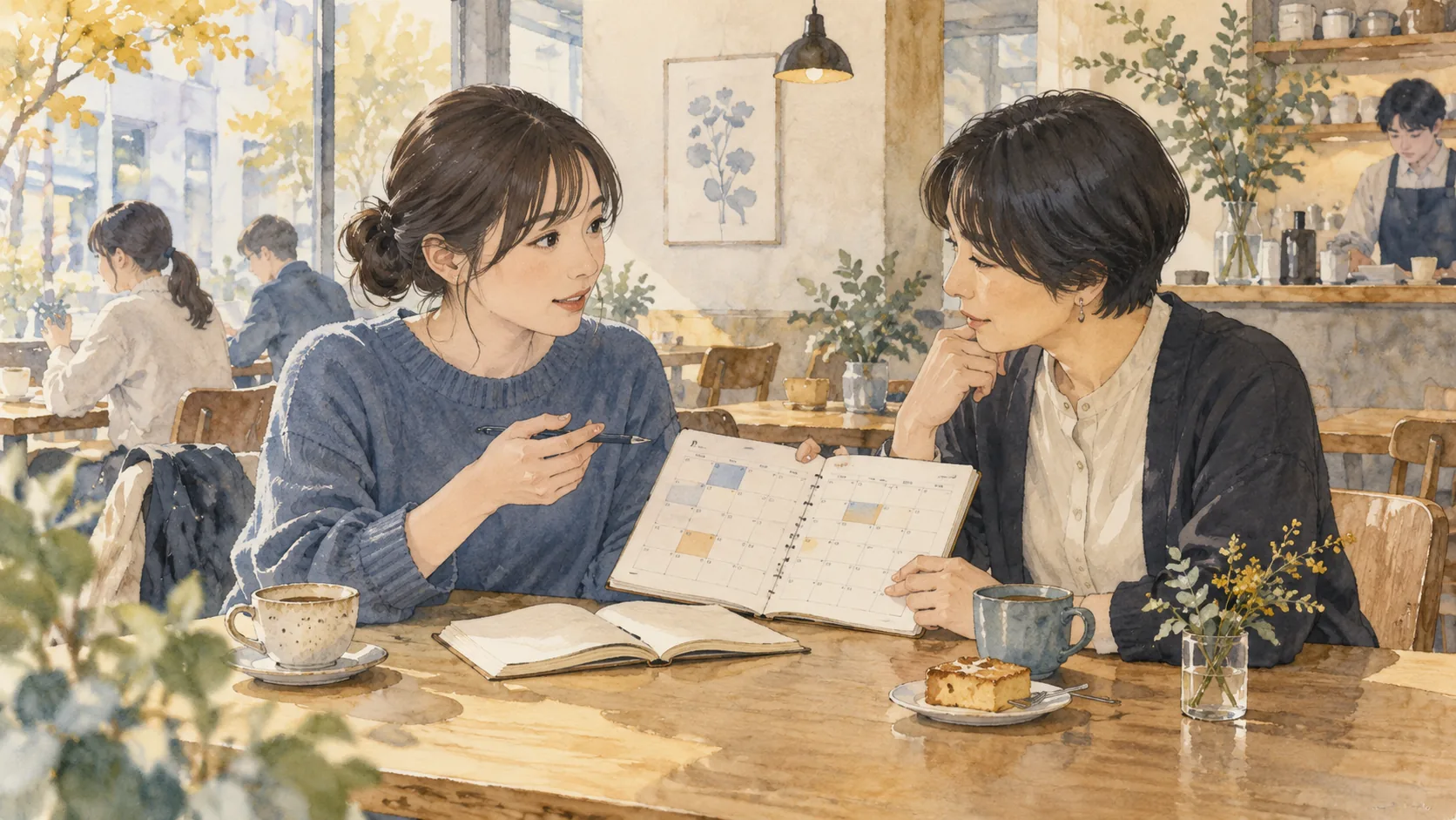 カフェで予定表とノートを広げ、話し合う二人の女性