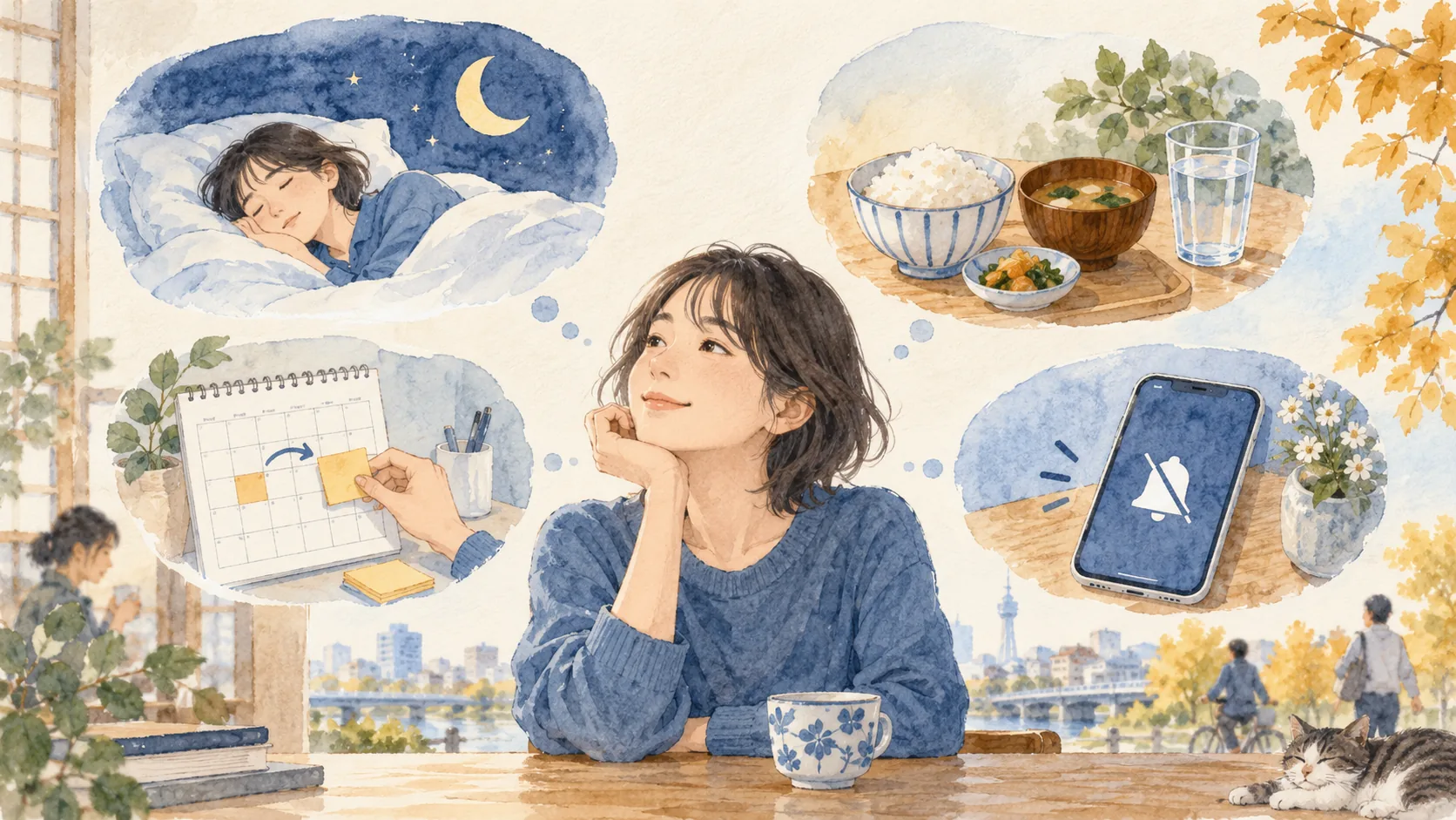 眠る、食事を取る、予定を移す、通知を減らす四つの休み方を示す図