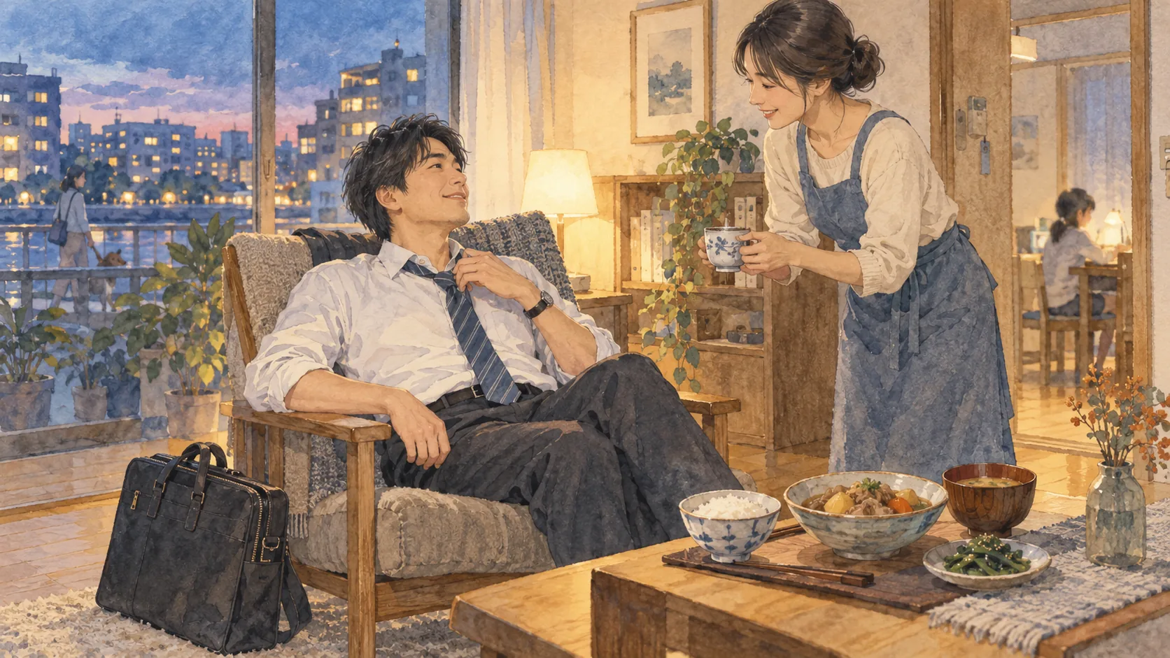 夕食を前に椅子でくつろぐ男性と、飲み物を差し出す女性