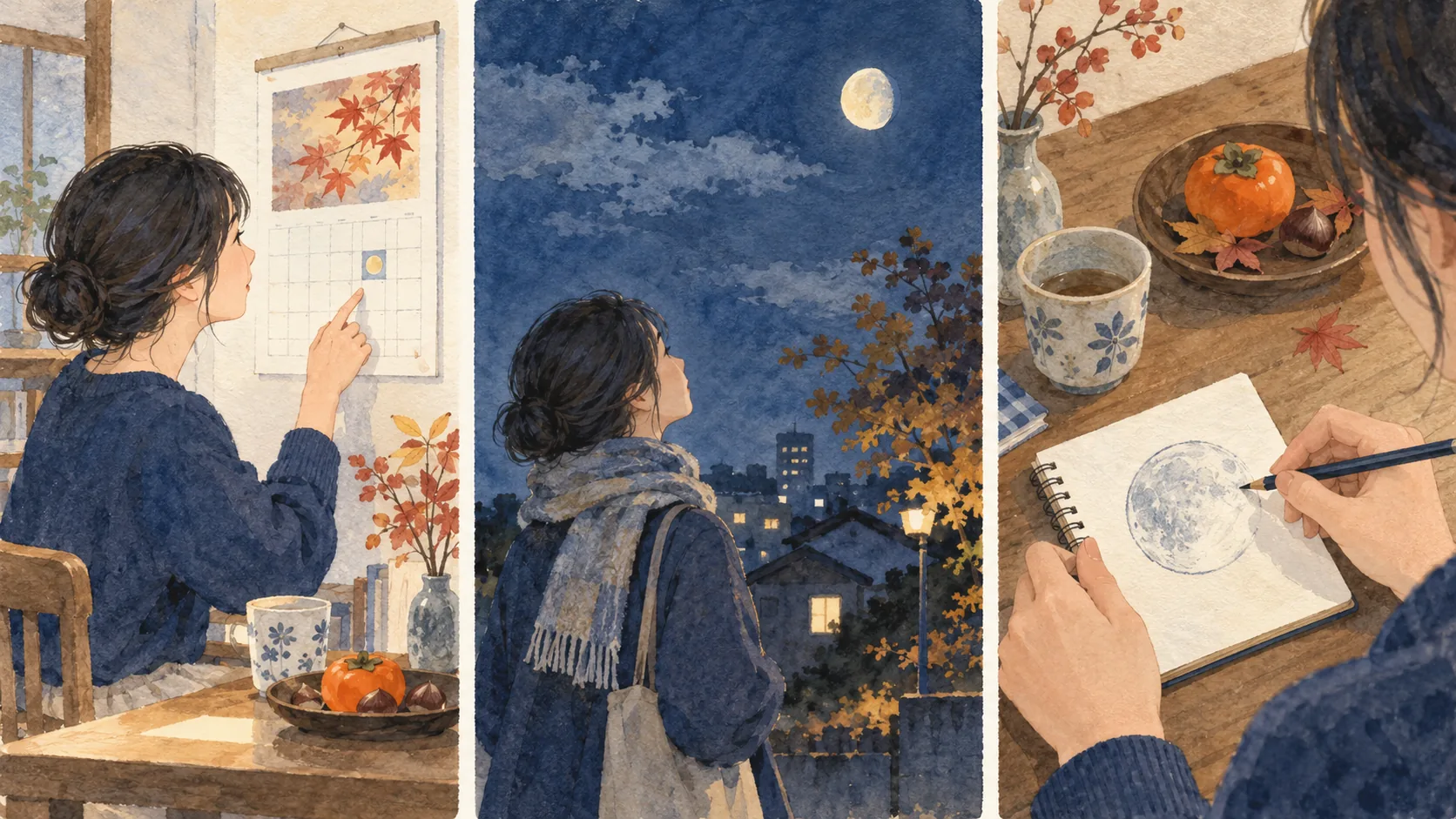壁の暦を確かめ、夜空の月を見上げ、ノートに月を描く三つの場面