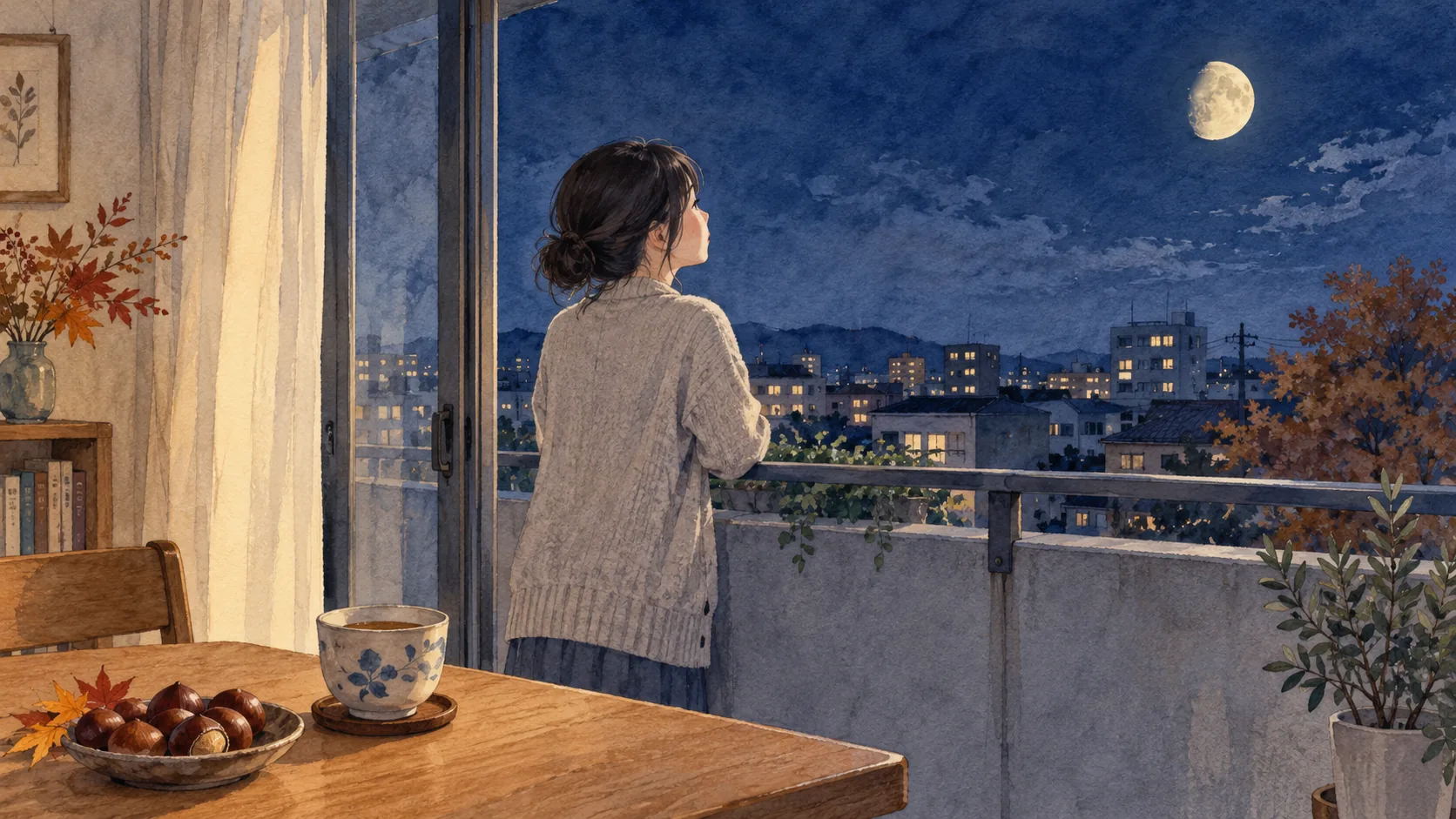 栗とお茶のある部屋からベランダへ出て、秋の月を見上げる女性