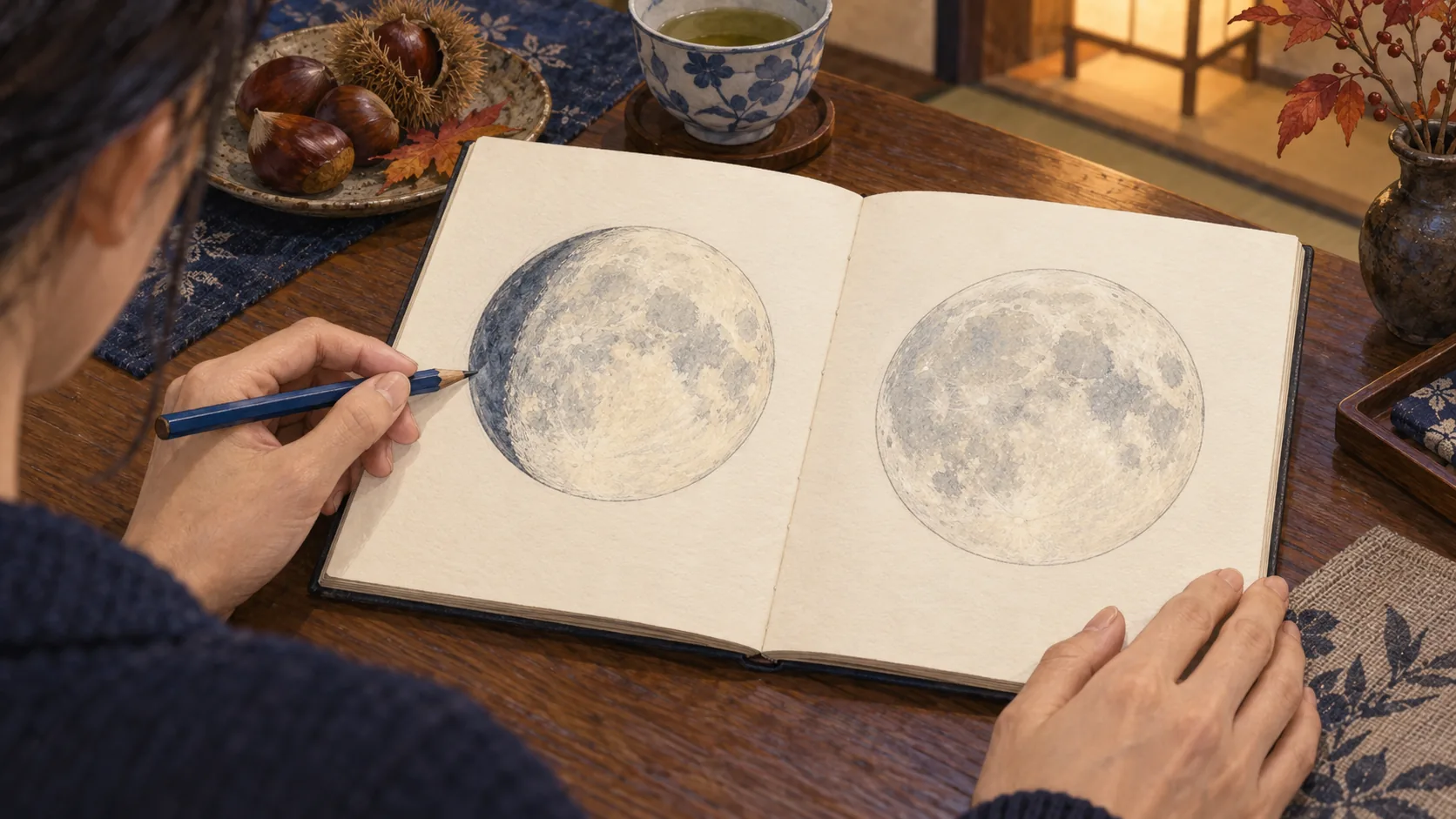 少し欠けた月と丸い満月を、栗とお茶のそばでノートに描く手元