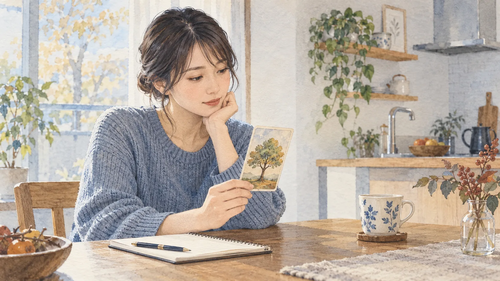 木が描かれた一枚のカードを、ノートのある食卓で眺める女性