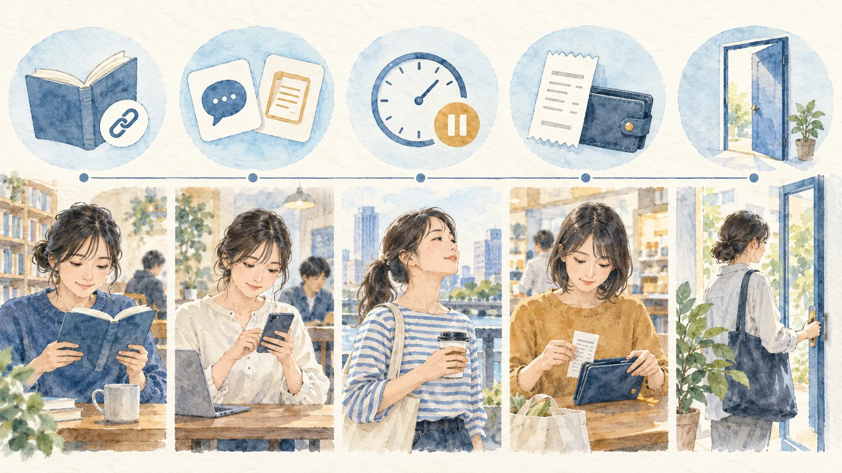 本とリンク、会話と文書、時計、財布とレシート、開いた扉を並べた五つの確認