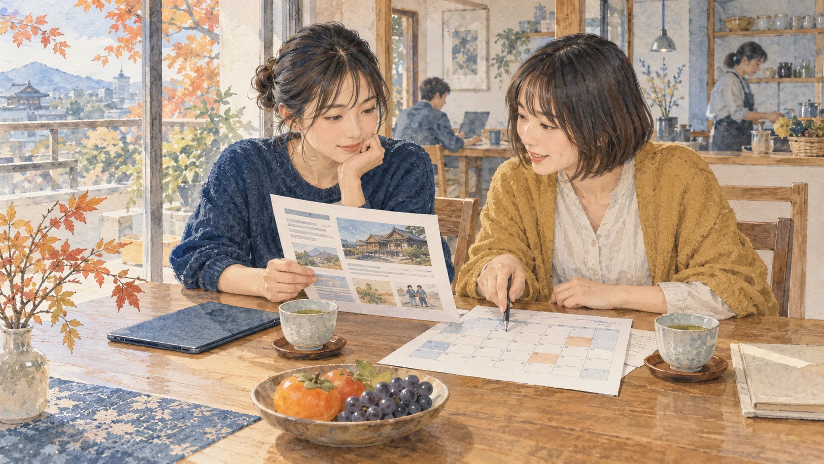 案内の紙と予定表を広げ、お茶を飲みながら相談する二人の女性