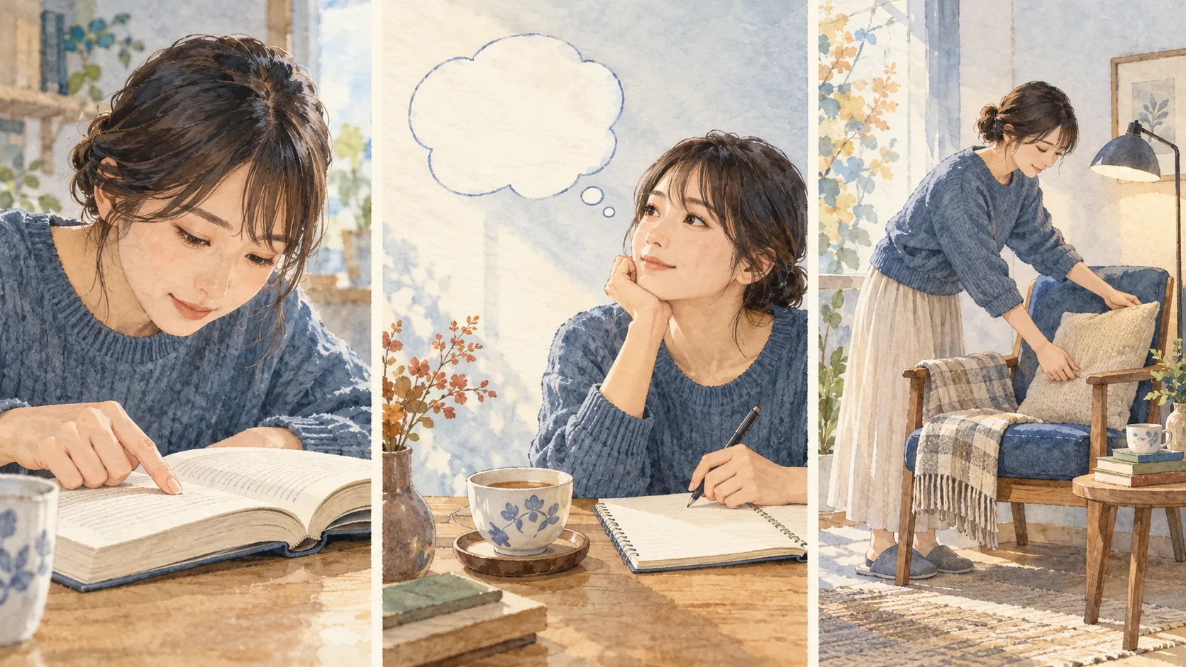 本の一文を読み、ノートの前で考え、読書用の椅子を整える三つの場面