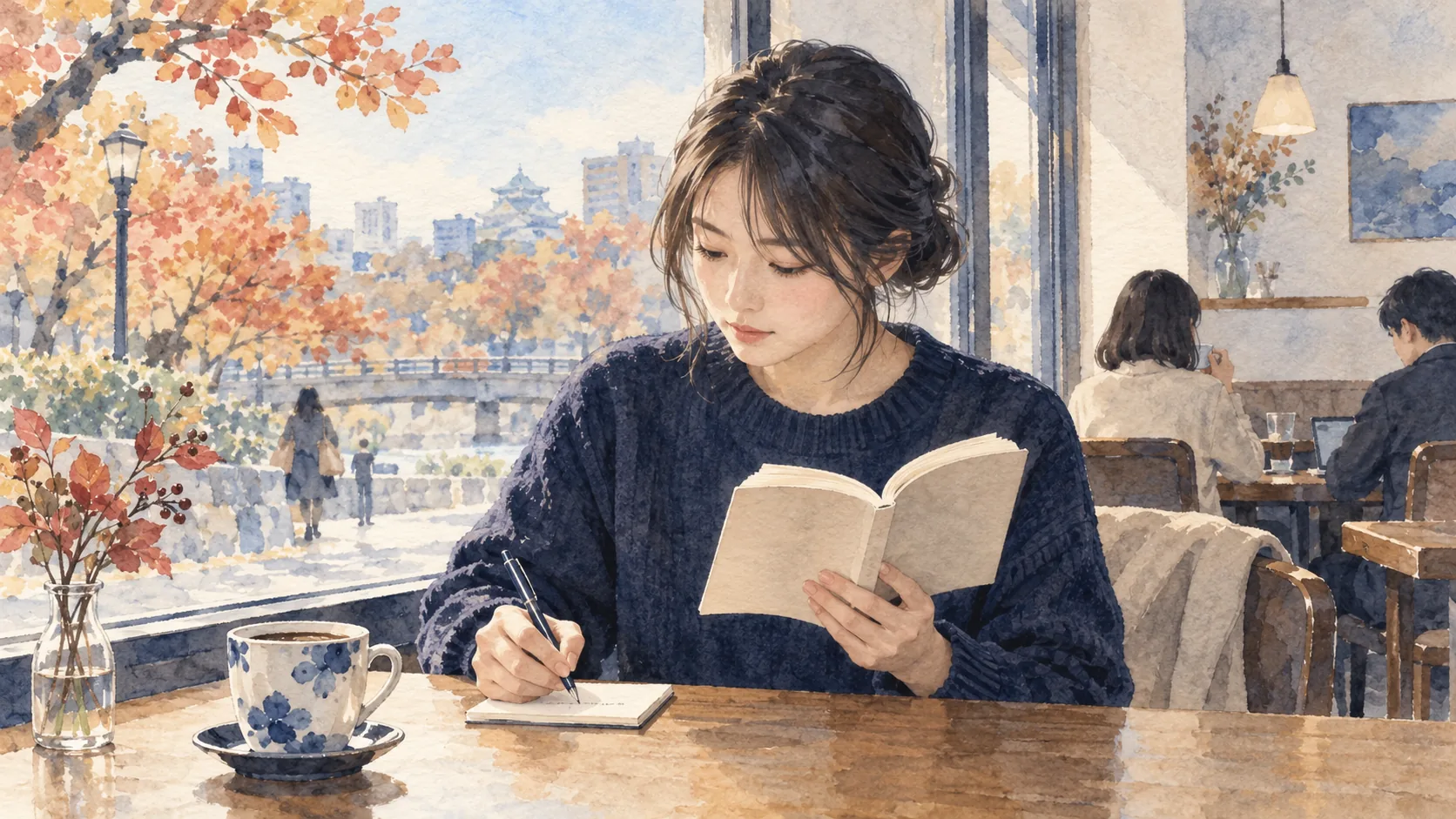 秋の木々が見えるカフェで、本を読みながら小さなノートに書く女性