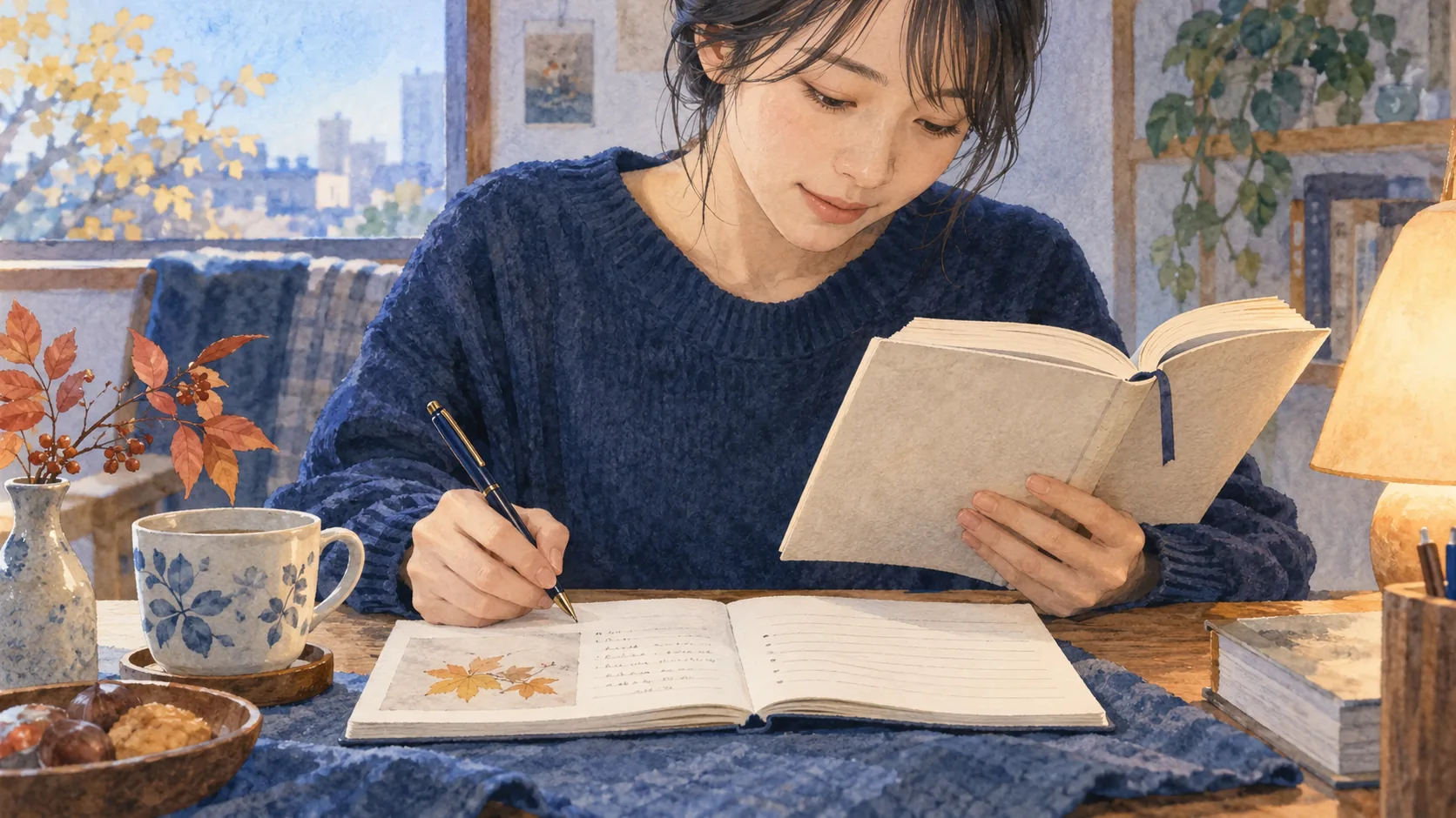 しおりを挟んだ本を手に、秋の窓辺で読書ノートを書く女性