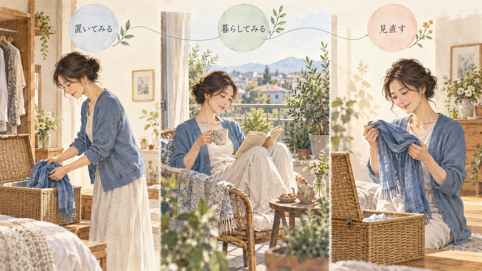 服を箱へ置き、読書の時間を過ごし、後日もう一度服を手に取る三つの場面