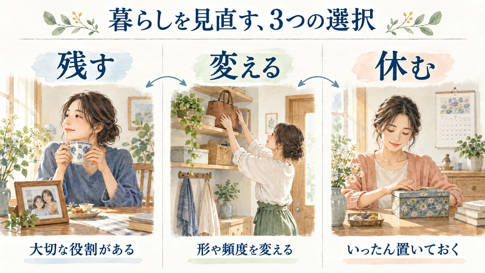 残す・変える・休むの三つを、カップ、鞄、思い出の箱と人物の場面で示した図解