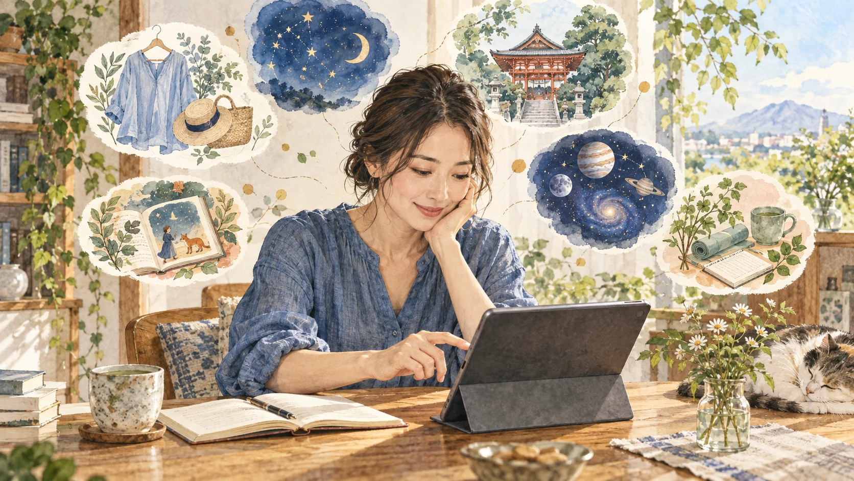 お茶とノートをそばに置き、タブレットで気になる動画を選ぶ女性
