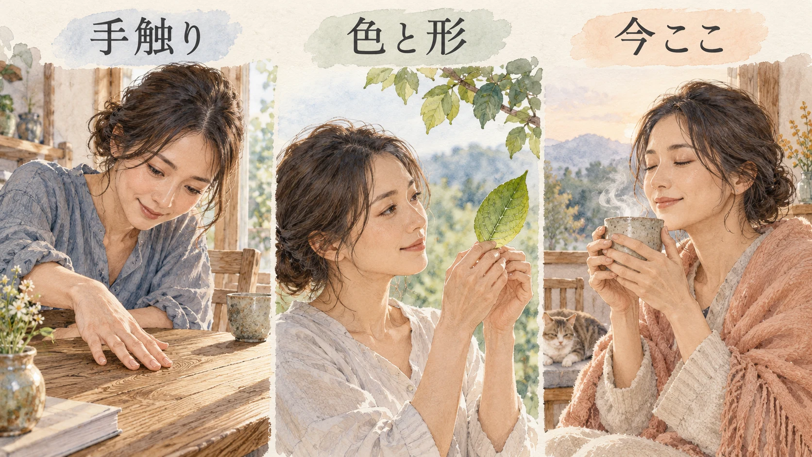 女性がカップを持って休み、スマートフォンを置き、食卓へ皿を運ぶ場面