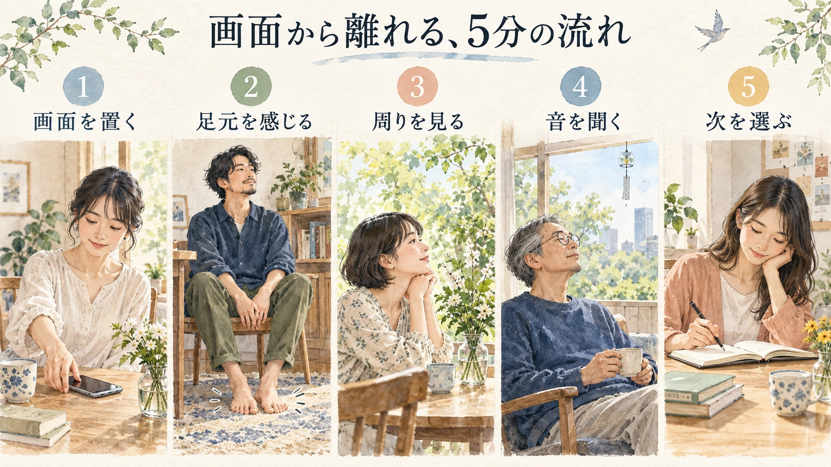 画面を置く、足元を感じる、周りを見る、手元に触れる、次を選ぶ五分の流れ