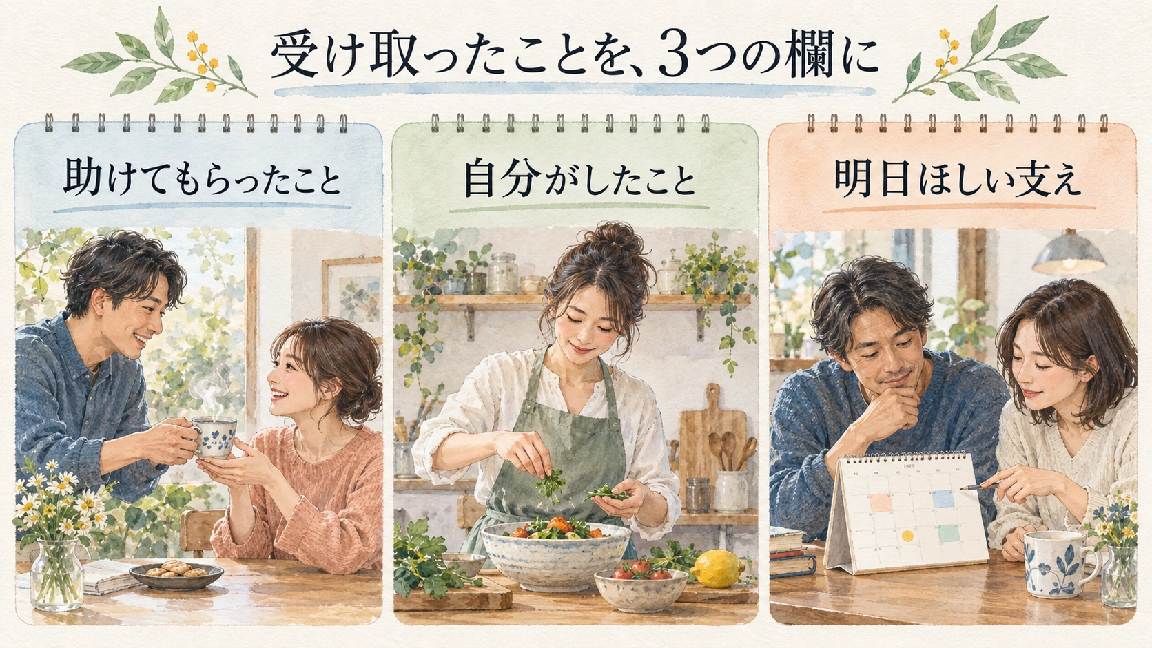 出来事、支え、私がしたこと、次の手当てという四つの欄をたどる図