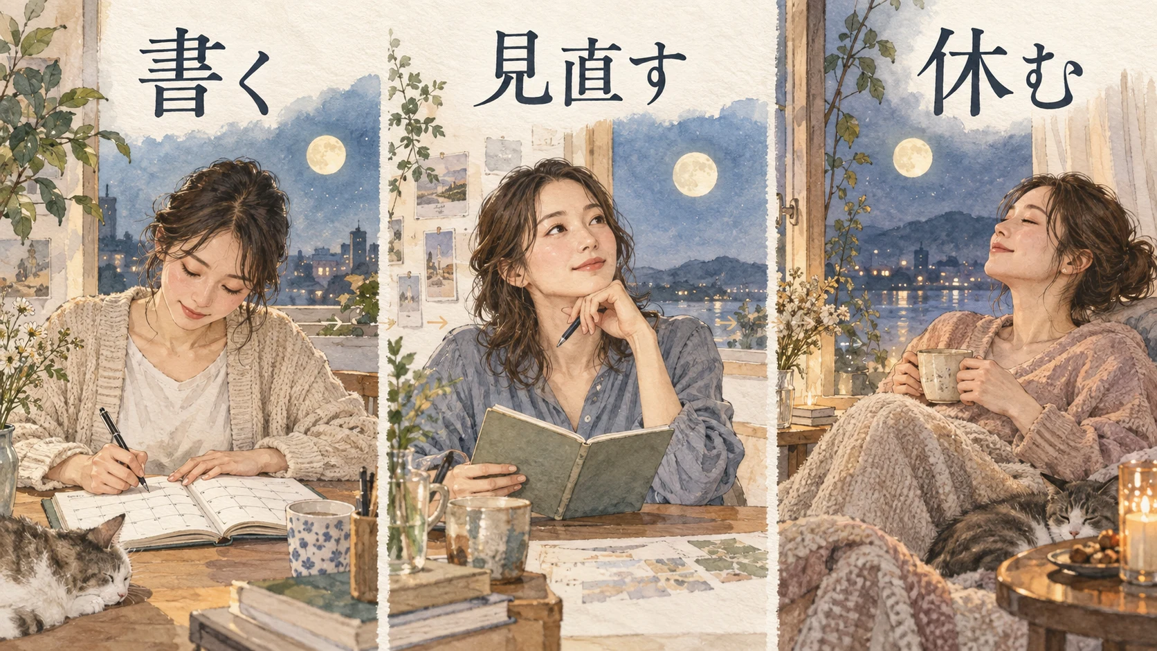 月の見える窓辺で、暮らしの記録を見返してお茶を飲む女性