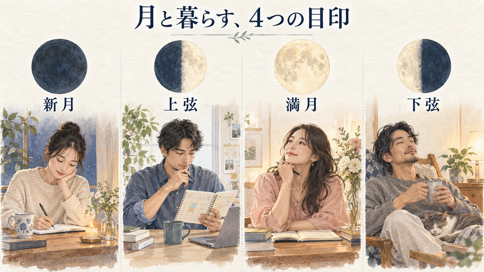 新月、上弦、満月、下弦の順に月が一巡する図