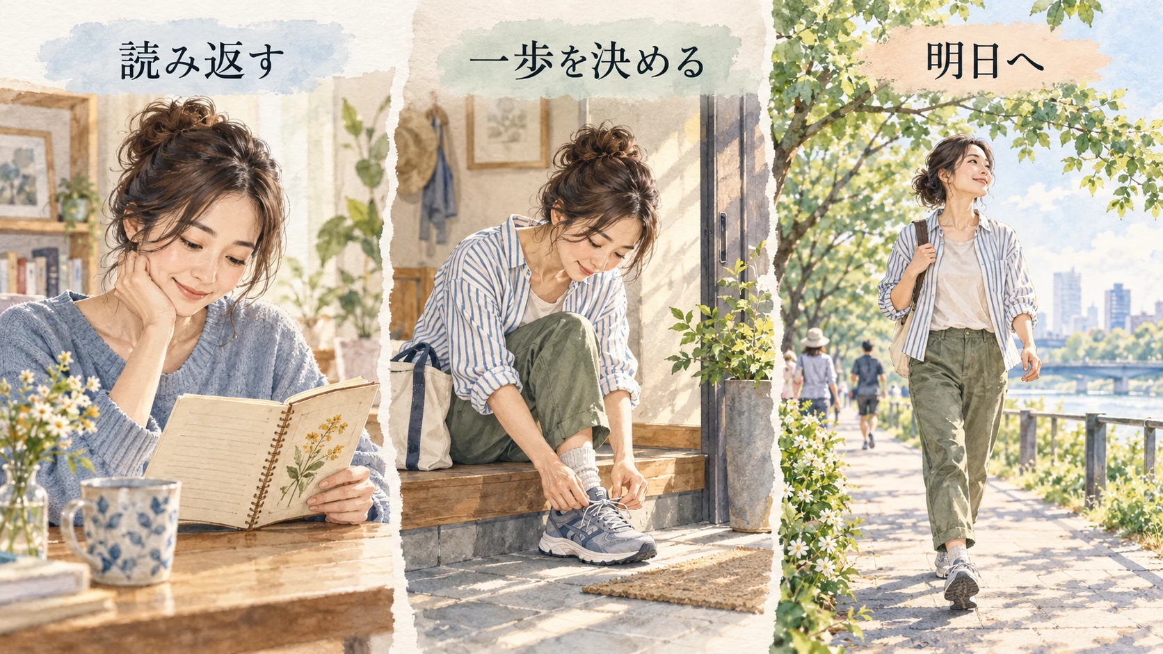 ノートを読み返し、一歩を決めて、靴を履いて出かける三つの場面