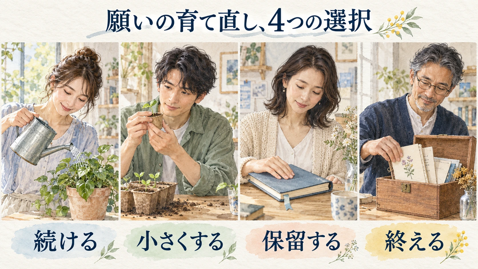 続ける、小さくする、保留する、終えるという願いの四つの選択肢