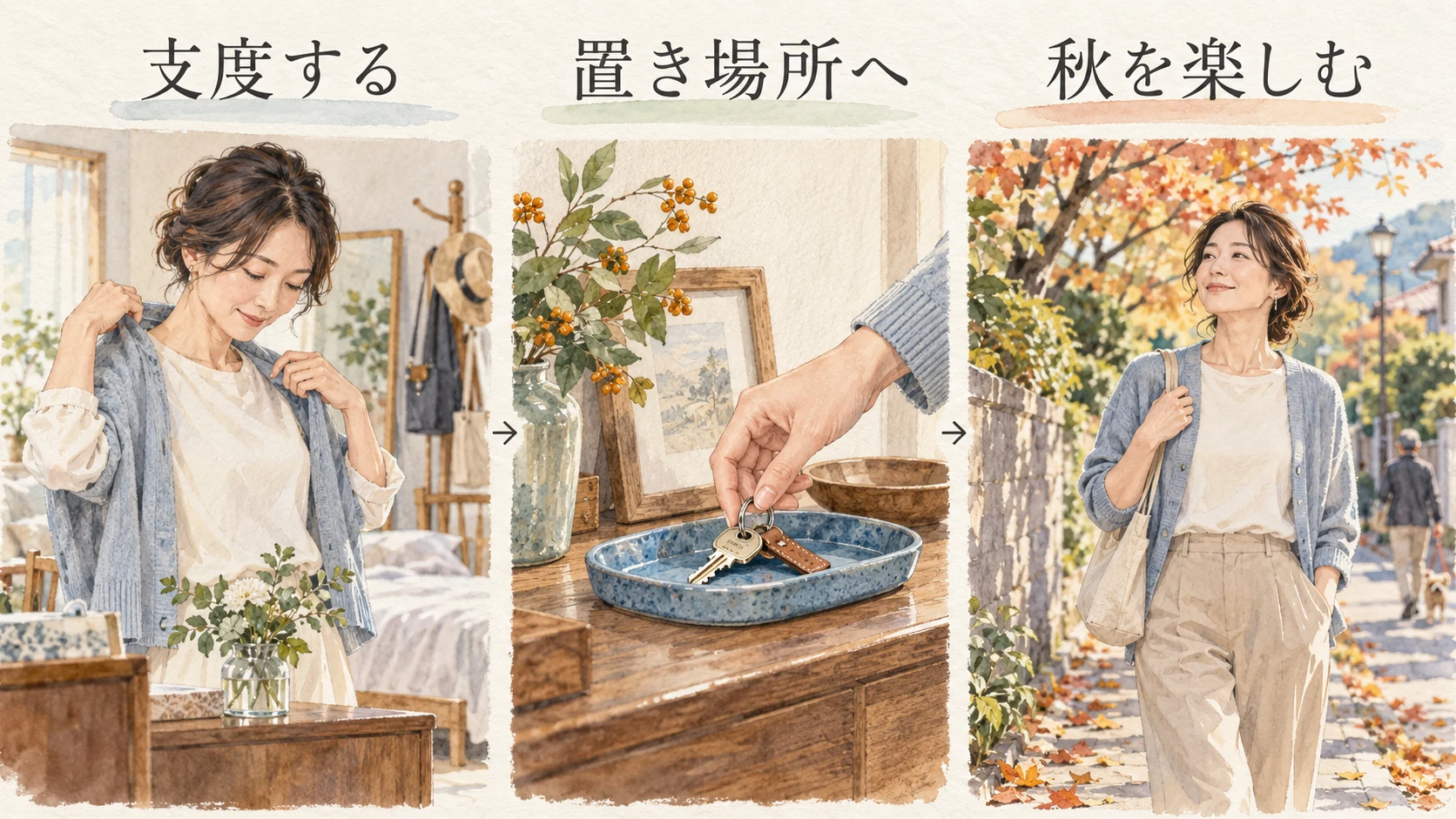 羽織で支度をし、鍵をトレーへ置き、秋の道を歩く女性